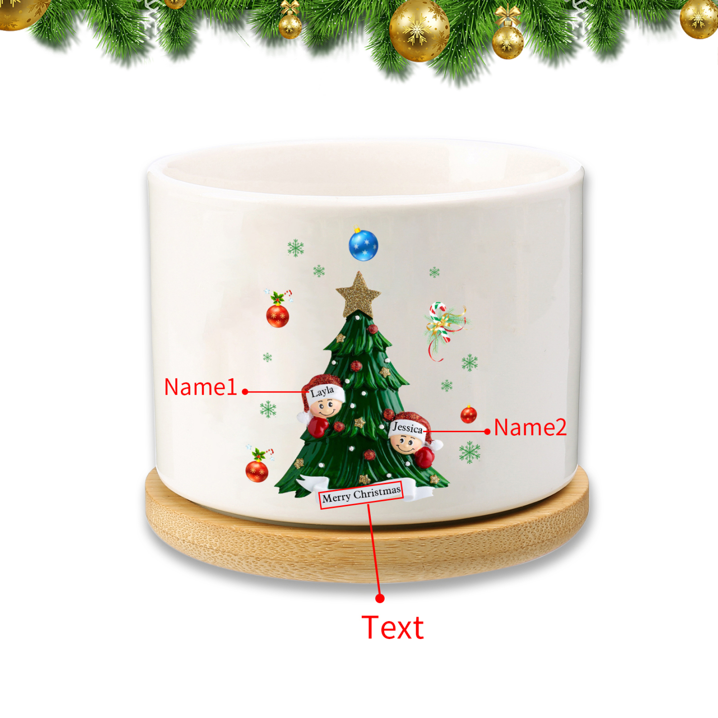 Personalisierbare 2-8 Namen & Text Weihnachts-Blumentopf – Festliche Keramikdekoration für Familie