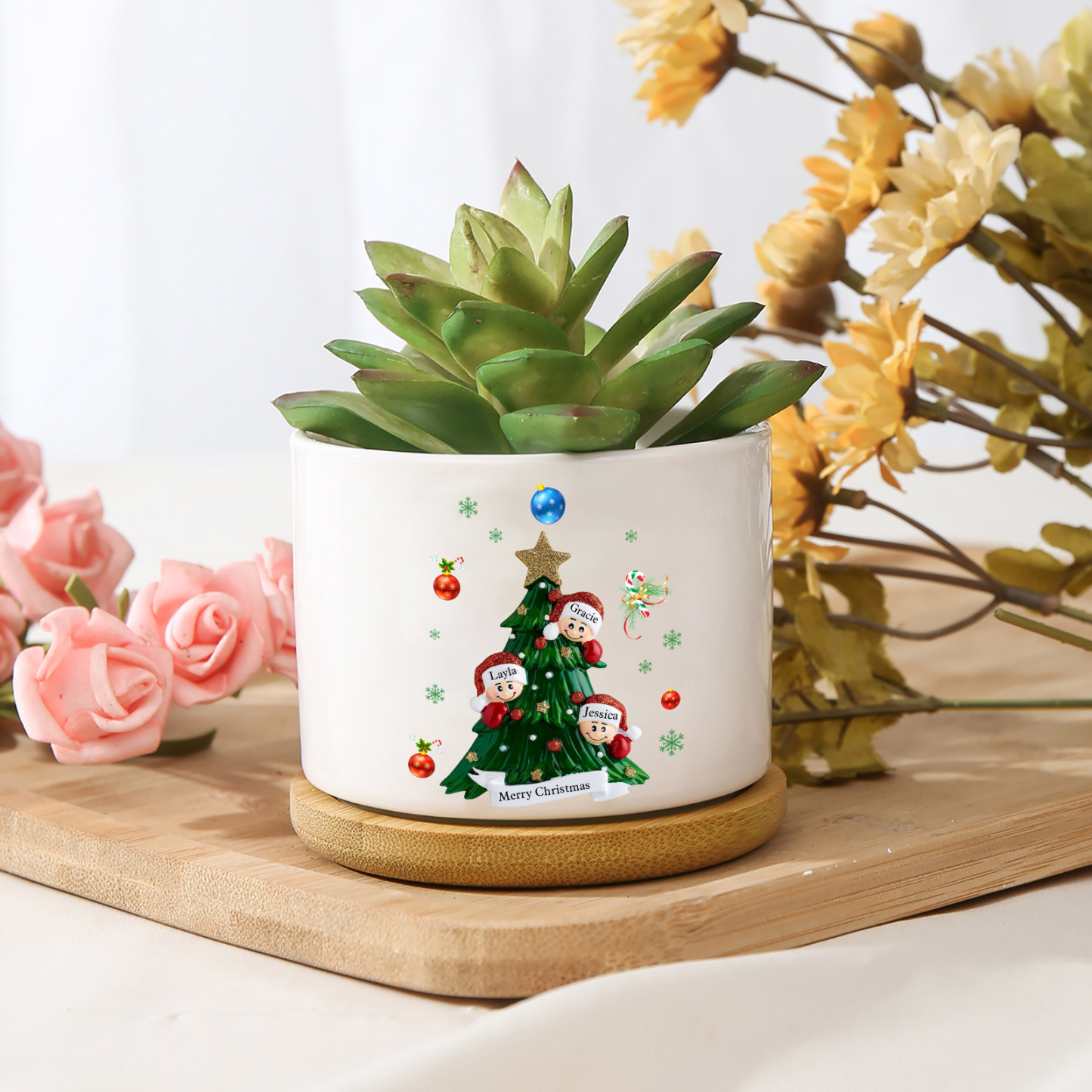 Personalisierbare 2-8 Namen & Text Weihnachts-Blumentopf – Festliche Keramikdekoration für Familie