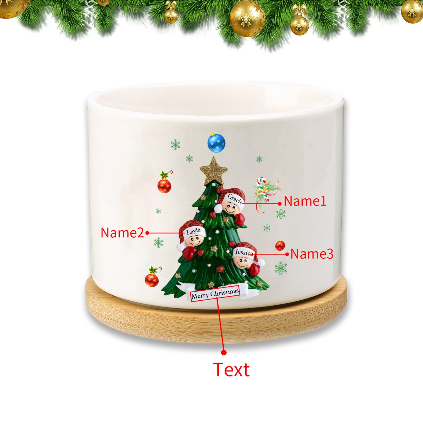 Personalisierbare 2-8 Namen & Text Weihnachts-Blumentopf – Festliche Keramikdekoration für Familie