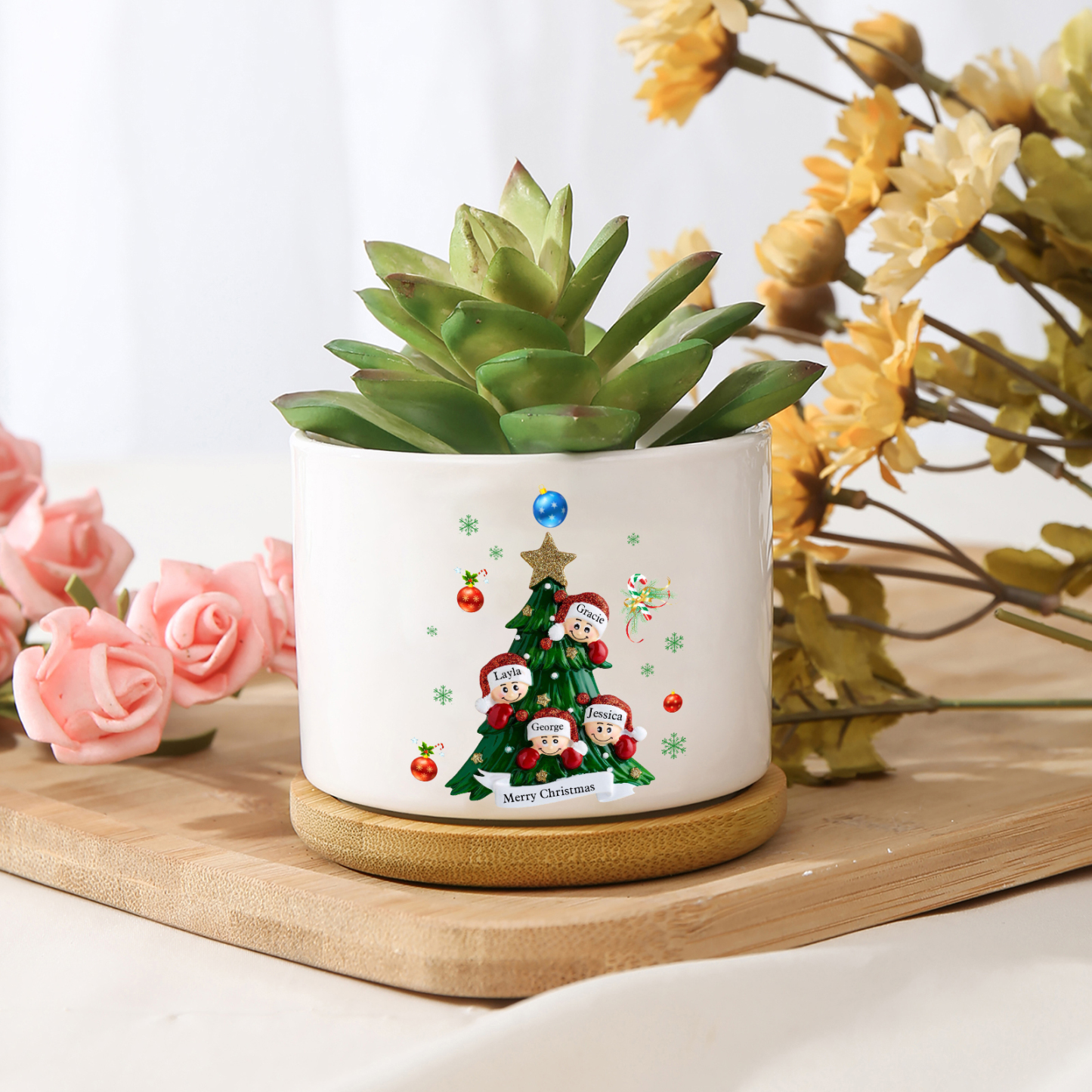 Personalisierbare 2-8 Namen & Text Weihnachts-Blumentopf – Festliche Keramikdekoration für Familie