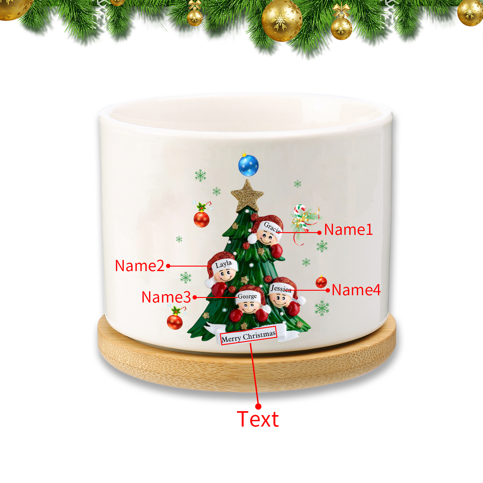 Personalisierbare 2-8 Namen & Text Weihnachts-Blumentopf – Festliche Keramikdekoration für Familie