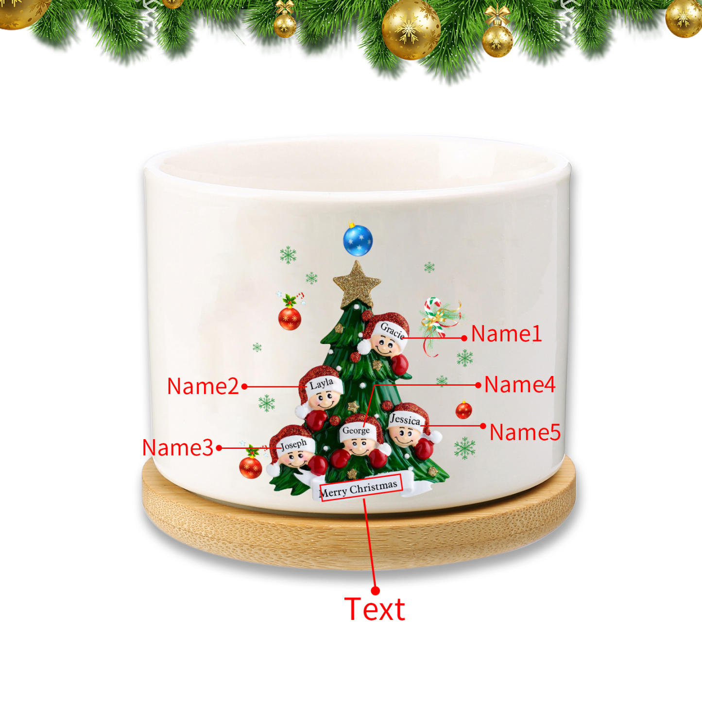 Personalisierbare 2-8 Namen & Text Weihnachts-Blumentopf – Festliche Keramikdekoration für Familie