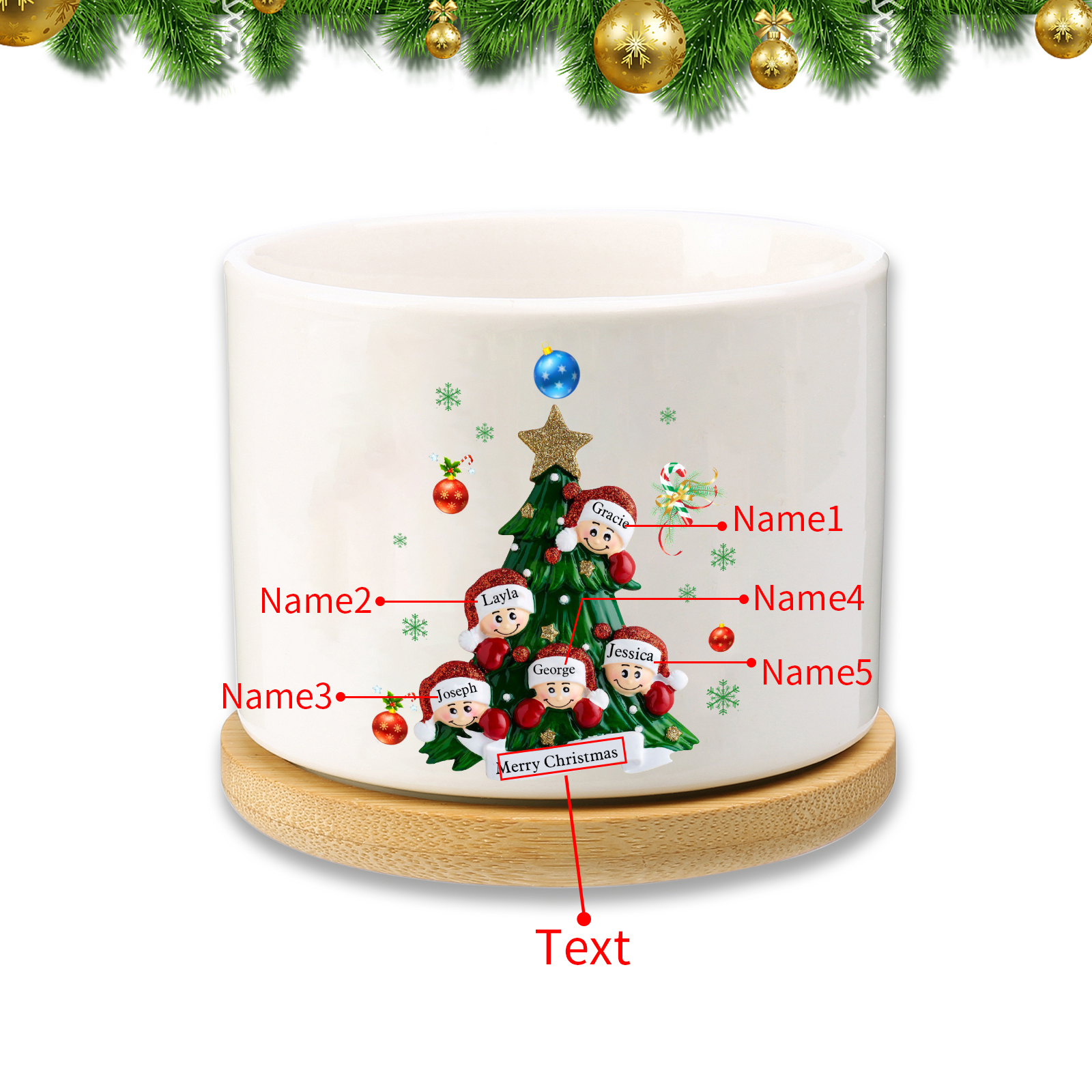 Personalisierbare 2-8 Namen & Text Weihnachts-Blumentopf – Festliche Keramikdekoration für Familie