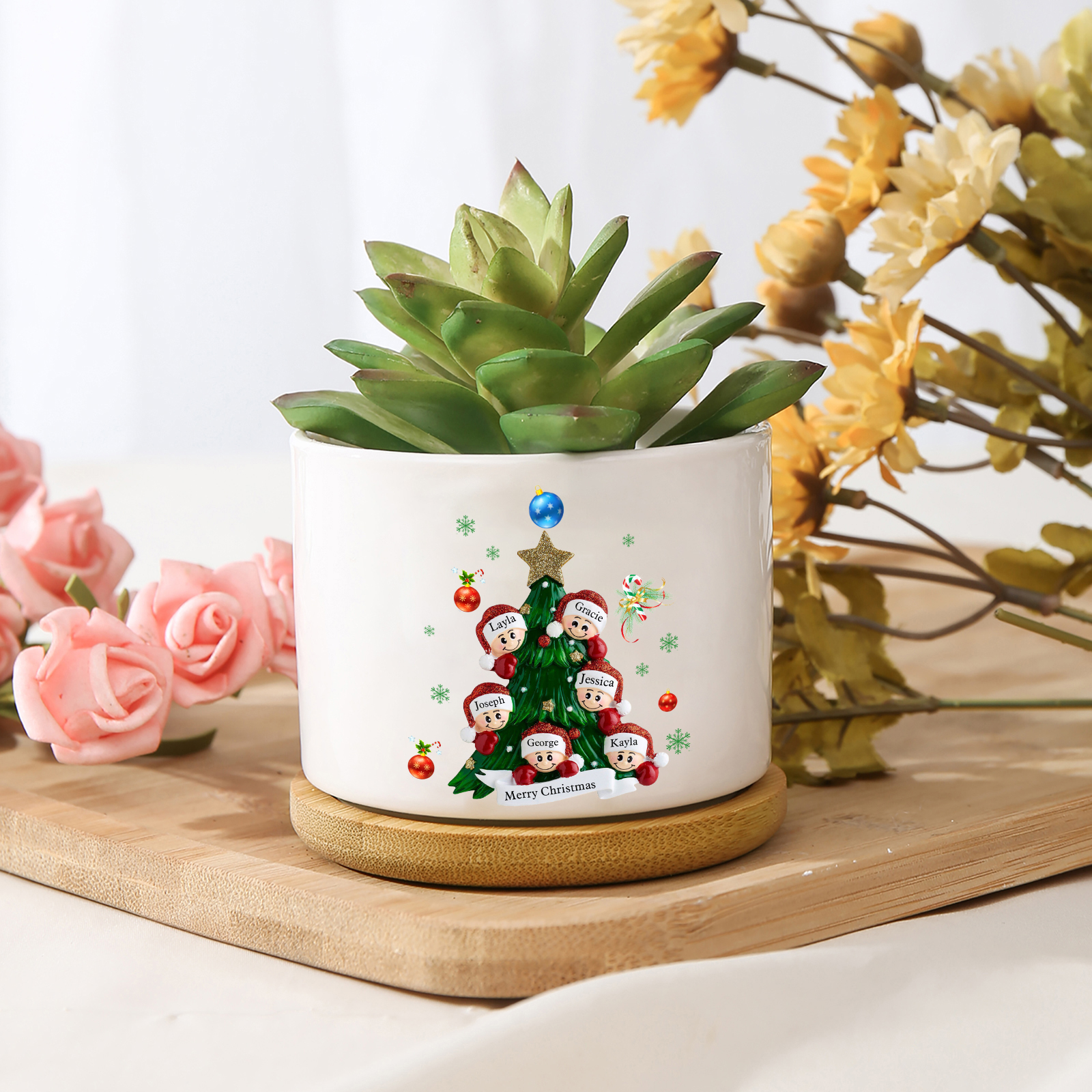Personalisierbare 2-8 Namen & Text Weihnachts-Blumentopf – Festliche Keramikdekoration für Familie
