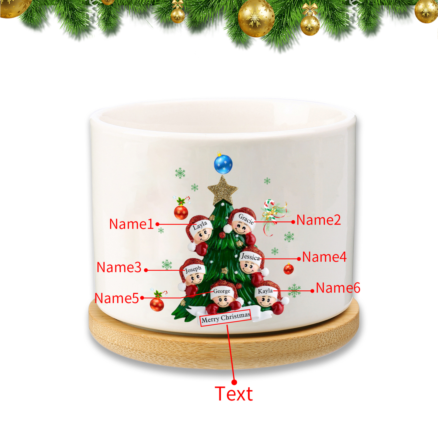 Personalisierbare 2-8 Namen & Text Weihnachts-Blumentopf – Festliche Keramikdekoration für Familie