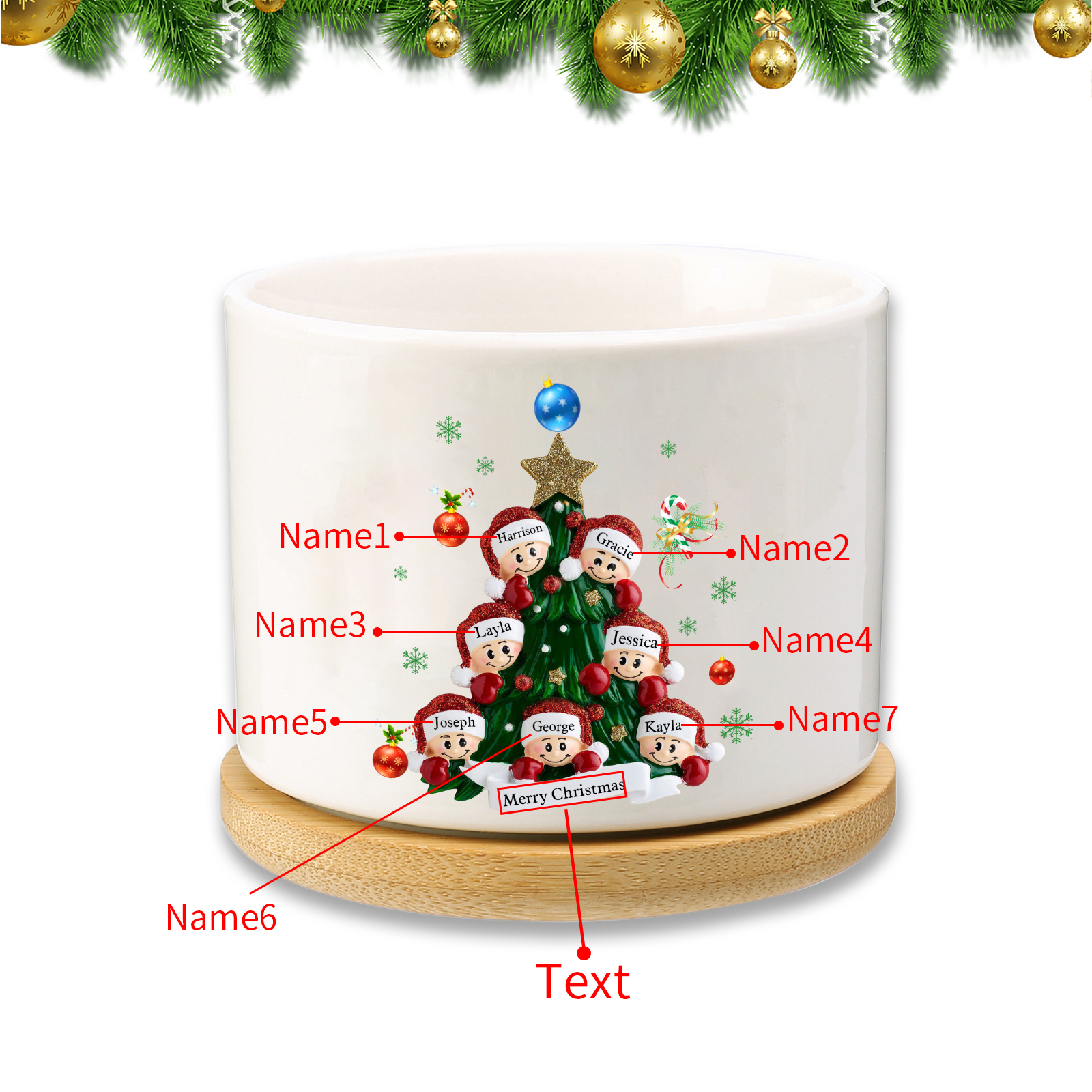 Personalisierbare 2-8 Namen & Text Weihnachts-Blumentopf – Festliche Keramikdekoration für Familie