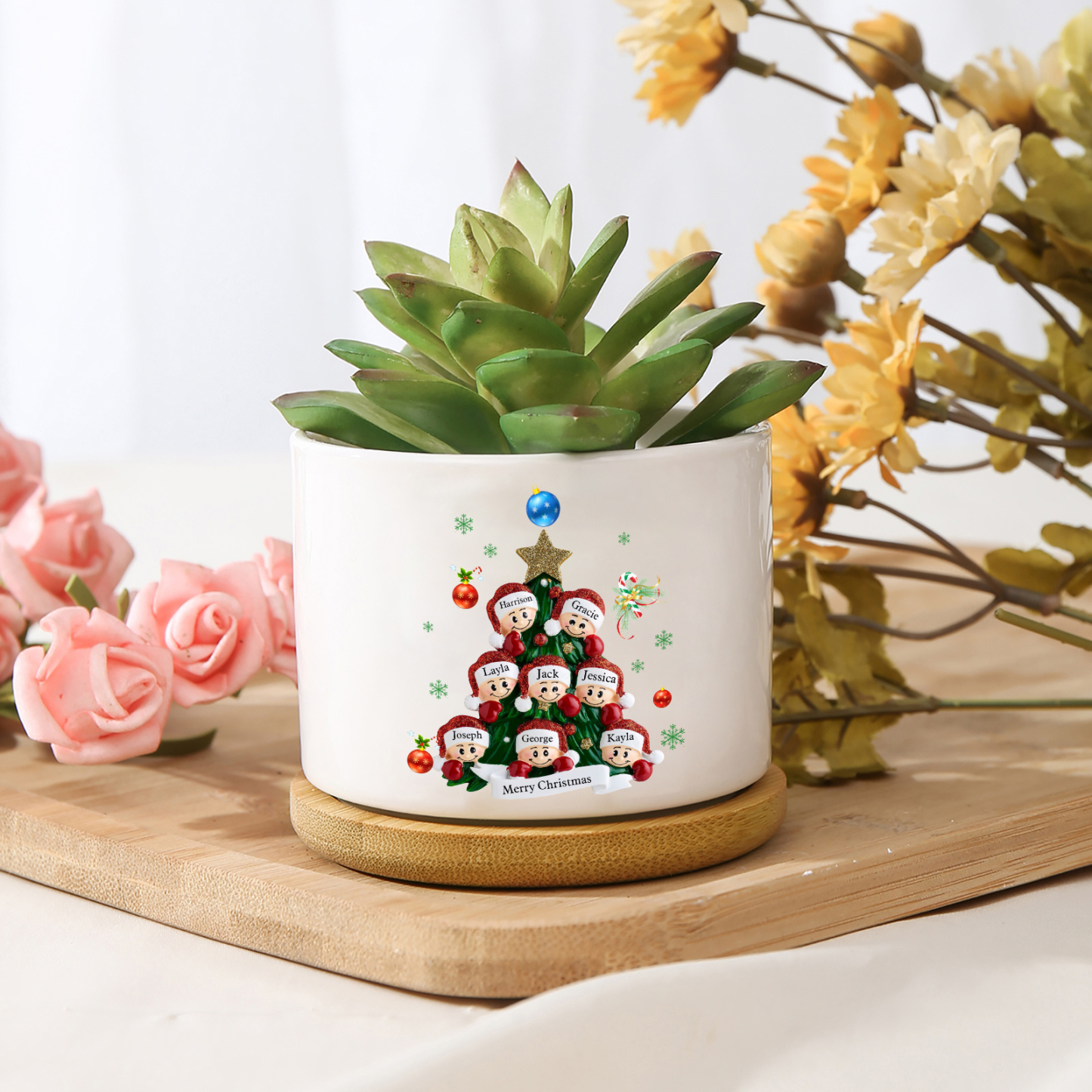 Personalisierbare 2-8 Namen & Text Weihnachts-Blumentopf – Festliche Keramikdekoration für Familie