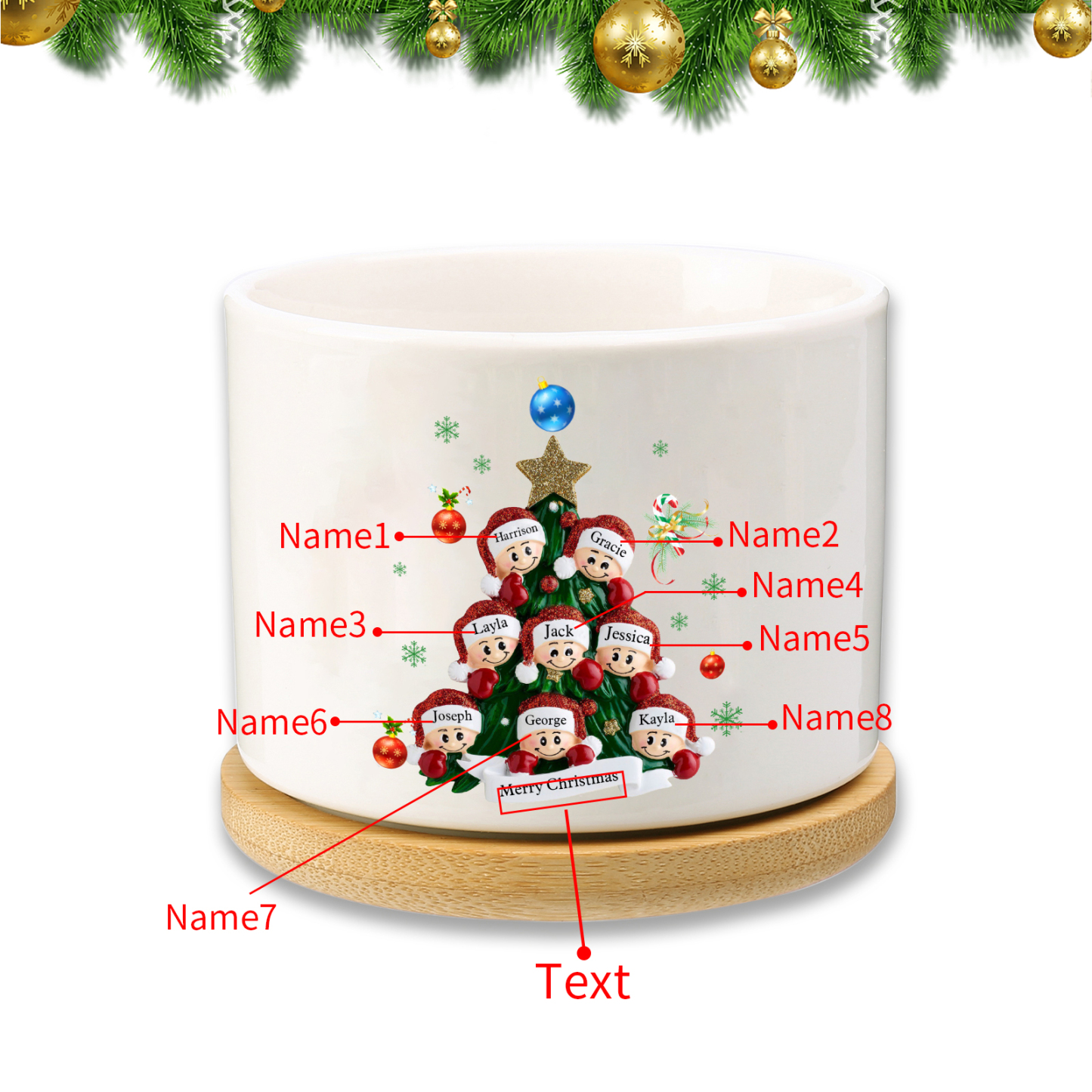 Personalisierbare 2-8 Namen & Text Weihnachts-Blumentopf – Festliche Keramikdekoration für Familie