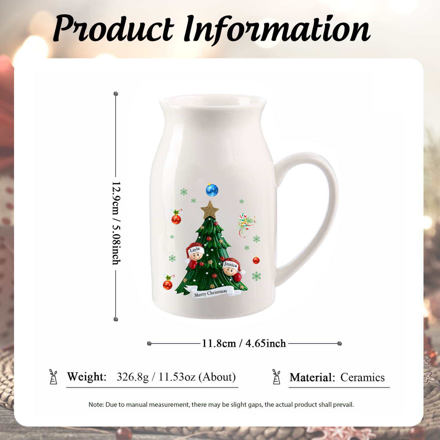 Personalisierte 2-6 Namen & Text Blumenvase mit Weihnachtsbaum-Motiv - Perfektes Weihnachtsgeschenk für Familie