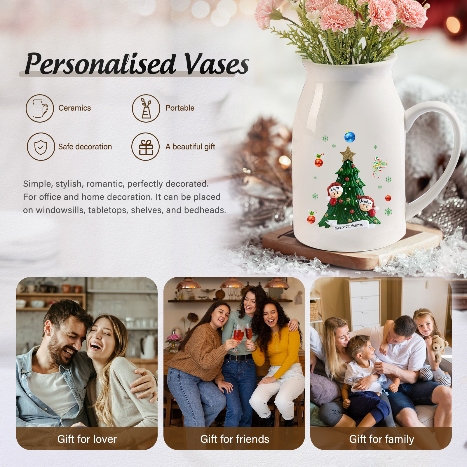 Personalisierte 2-6 Namen & Text Blumenvase mit Weihnachtsbaum-Motiv - Perfektes Weihnachtsgeschenk für Familie