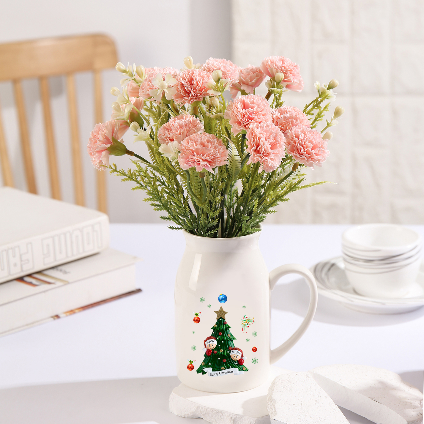 Personalisierte 2-6 Namen & Text Blumenvase mit Weihnachtsbaum-Motiv - Perfektes Weihnachtsgeschenk für Familie