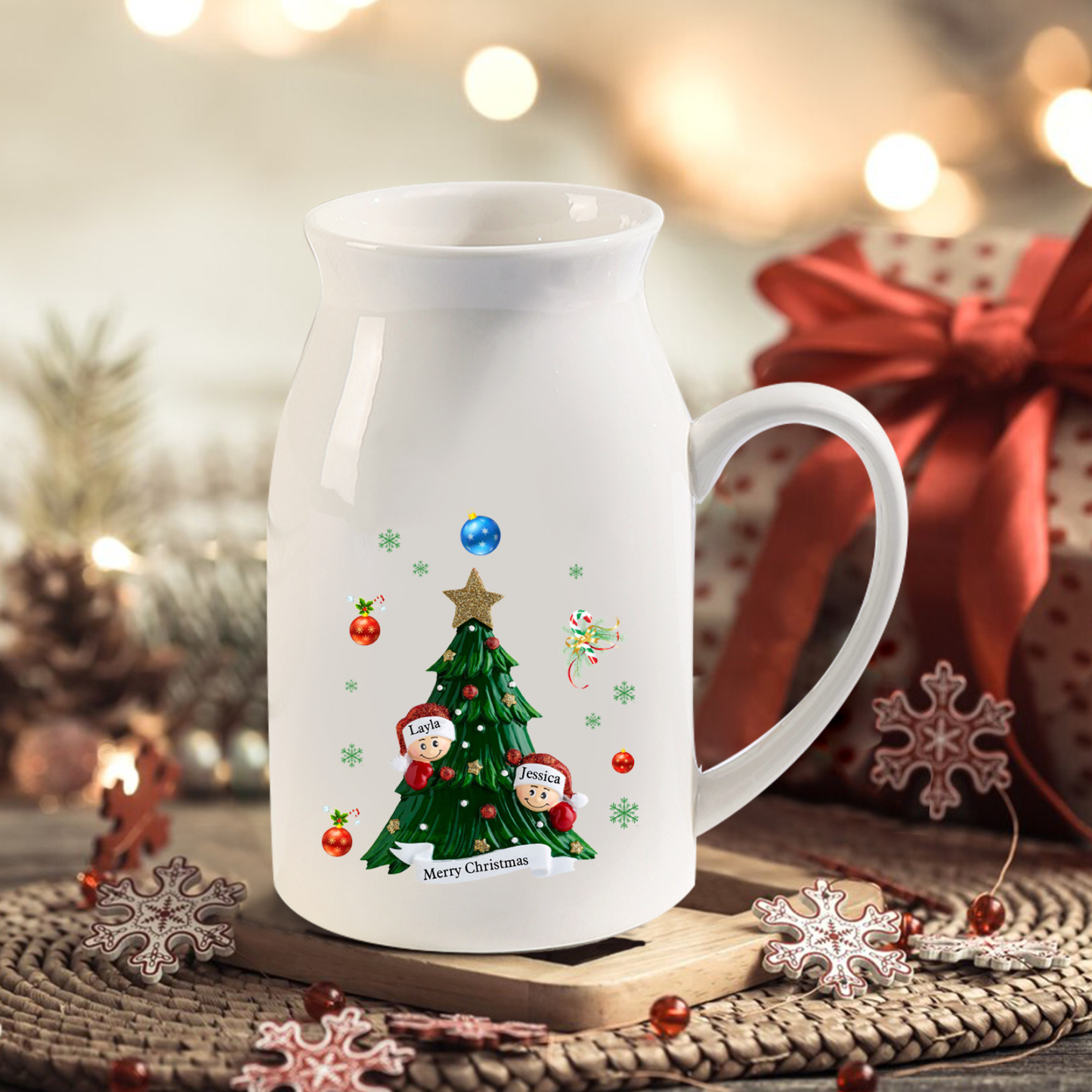 Personalisierte 2-6 Namen & Text Blumenvase mit Weihnachtsbaum-Motiv - Perfektes Weihnachtsgeschenk für Familie