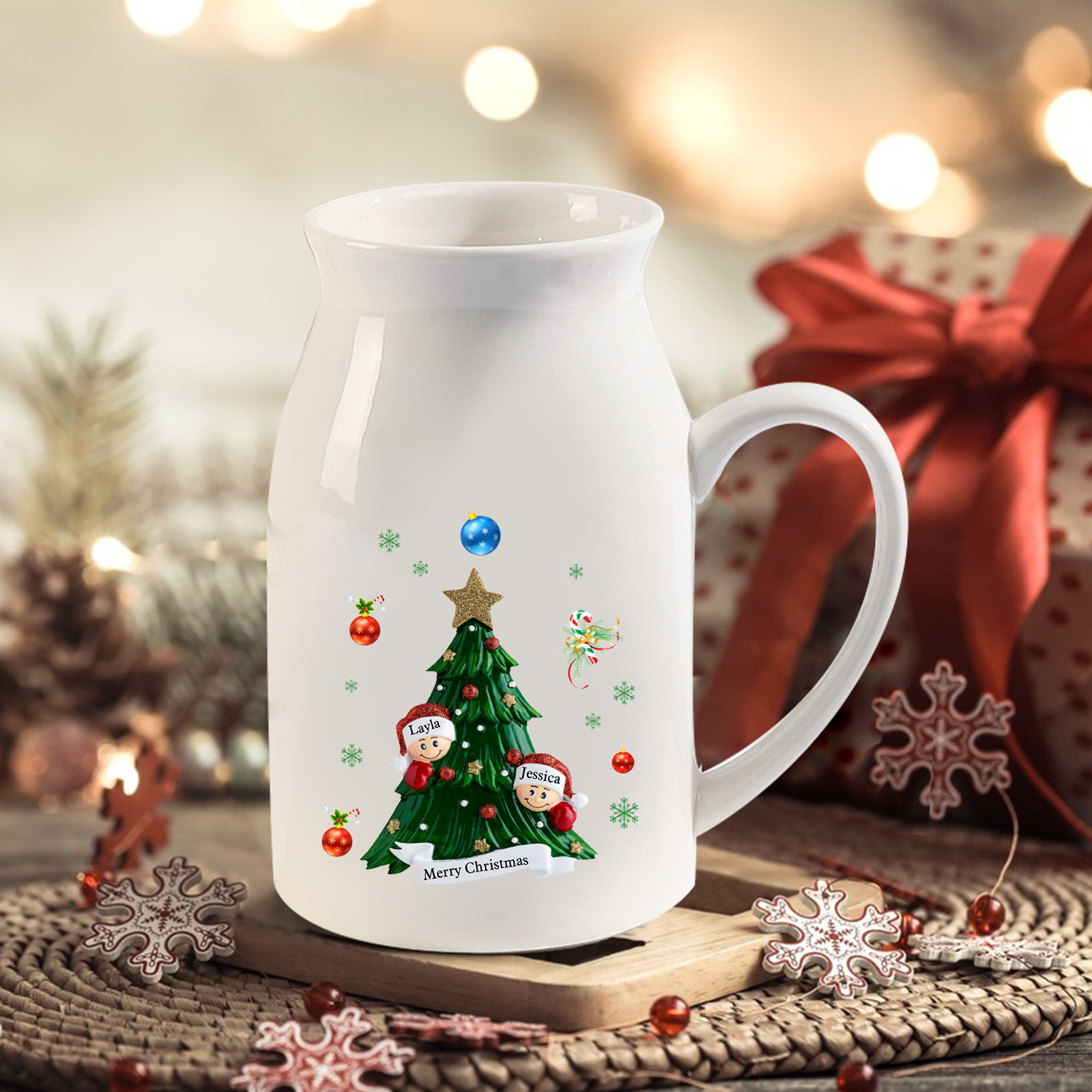 Personalisierte 2-6 Namen & Text Blumenvase mit Weihnachtsbaum-Motiv - Perfektes Weihnachtsgeschenk für Familie