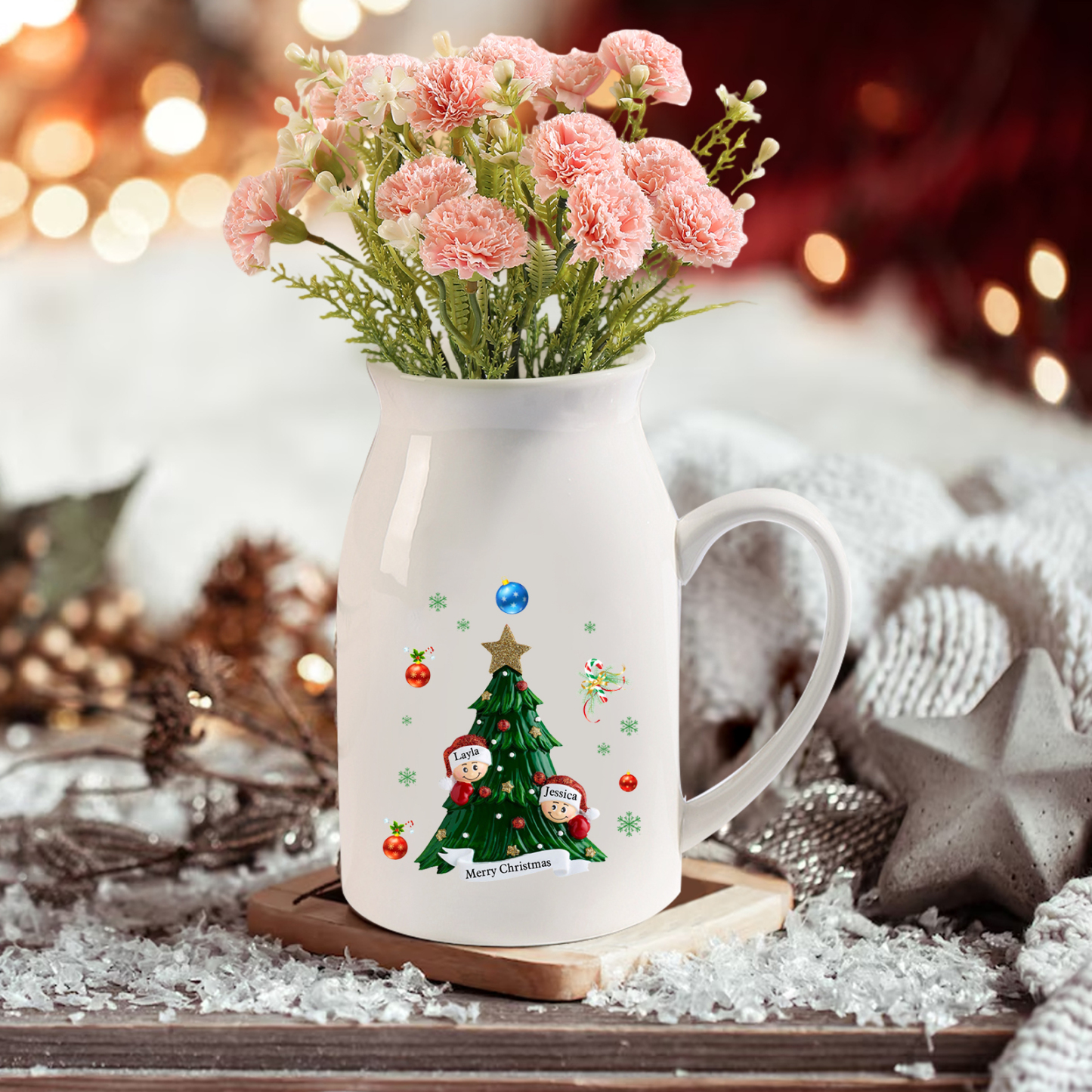 Personalisierte 2-6 Namen & Text Blumenvase mit Weihnachtsbaum-Motiv - Perfektes Weihnachtsgeschenk für Familie