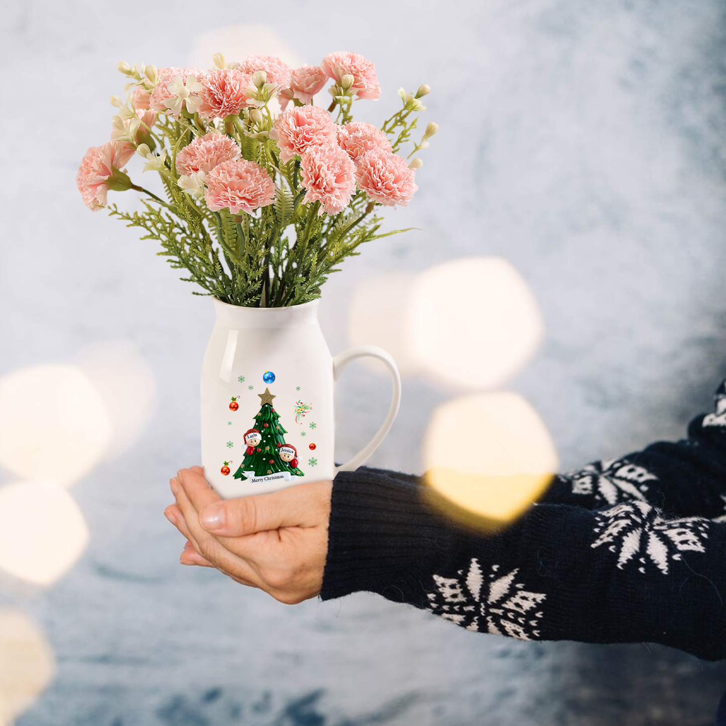Personalisierte 2-6 Namen & Text Blumenvase mit Weihnachtsbaum-Motiv - Perfektes Weihnachtsgeschenk für Familie