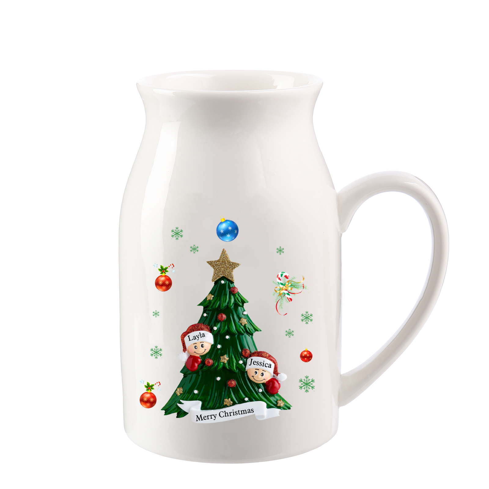 Personalisierte 2-6 Namen & Text Blumenvase mit Weihnachtsbaum-Motiv - Perfektes Weihnachtsgeschenk für Familie