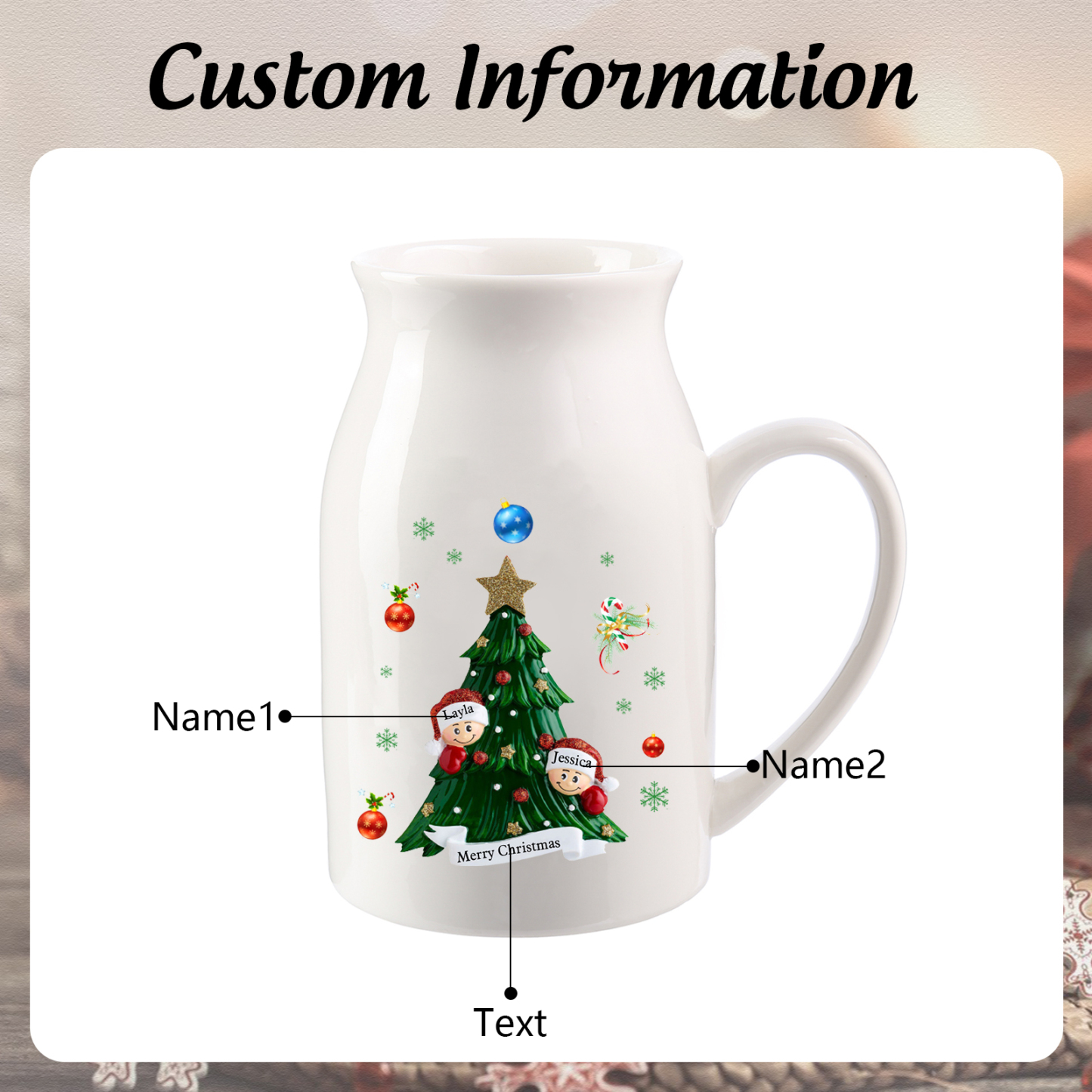 Personalisierte 2-6 Namen & Text Blumenvase mit Weihnachtsbaum-Motiv - Perfektes Weihnachtsgeschenk für Familie