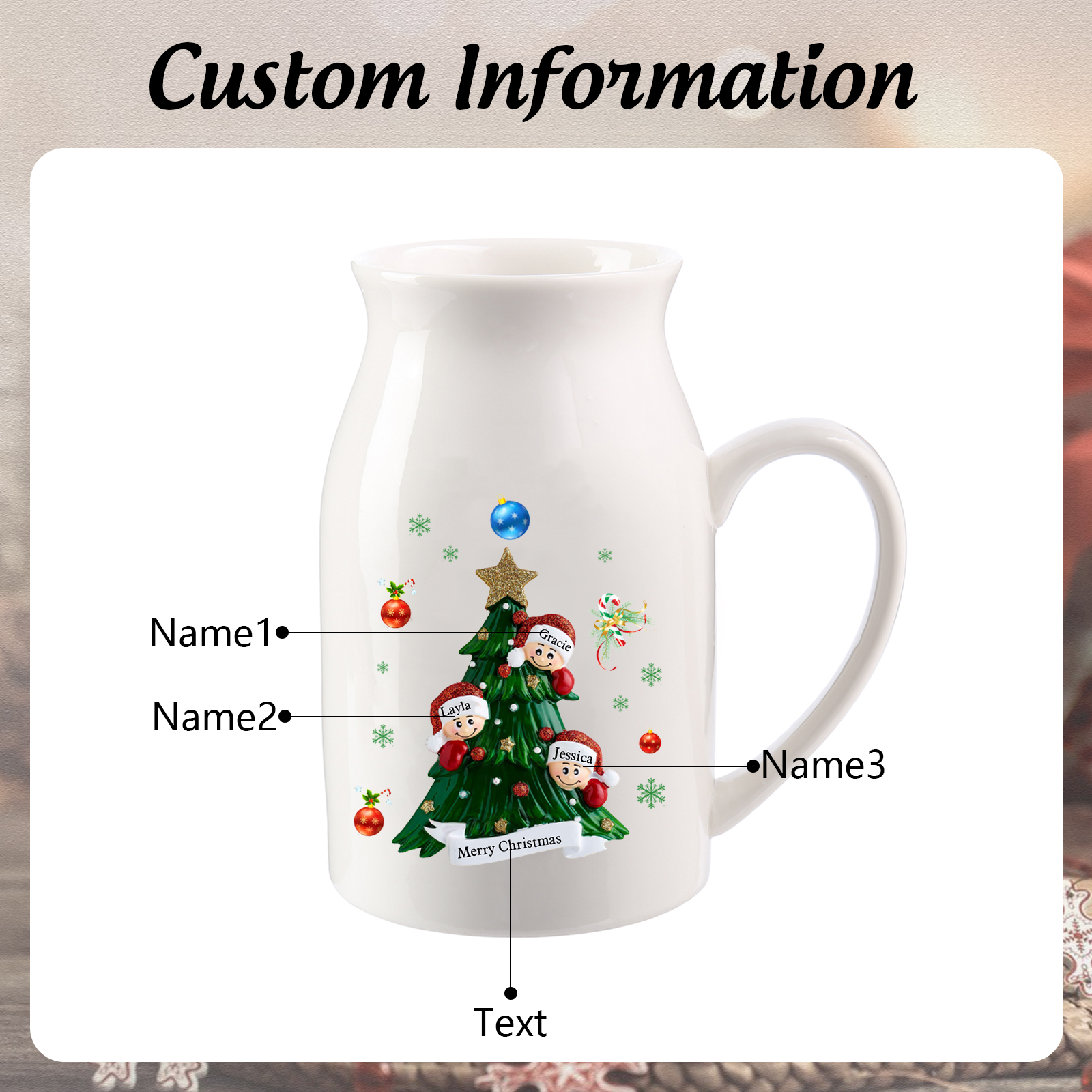 Personalisierte 2-6 Namen & Text Blumenvase mit Weihnachtsbaum-Motiv - Perfektes Weihnachtsgeschenk für Familie