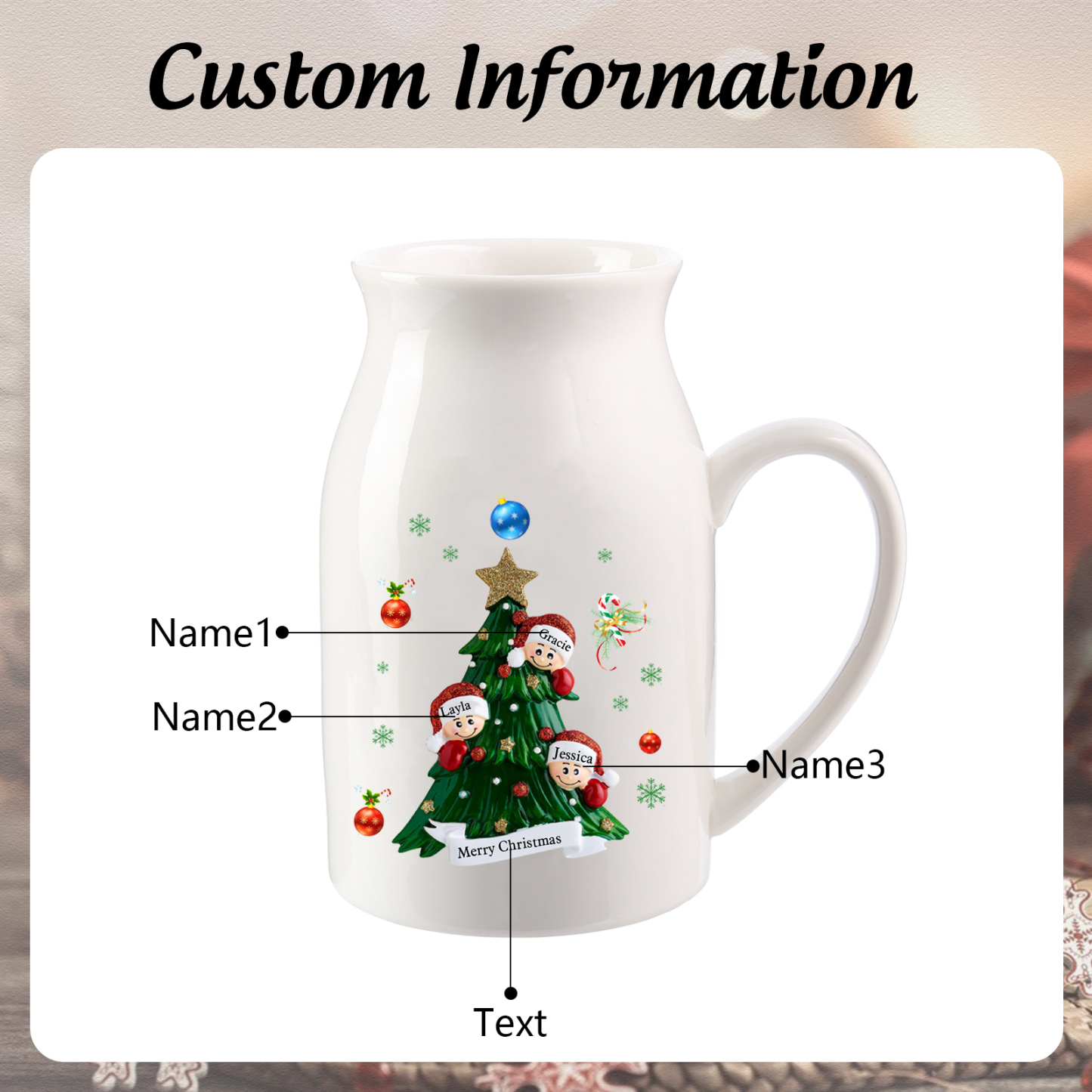 Personalisierte 2-6 Namen & Text Blumenvase mit Weihnachtsbaum-Motiv - Perfektes Weihnachtsgeschenk für Familie