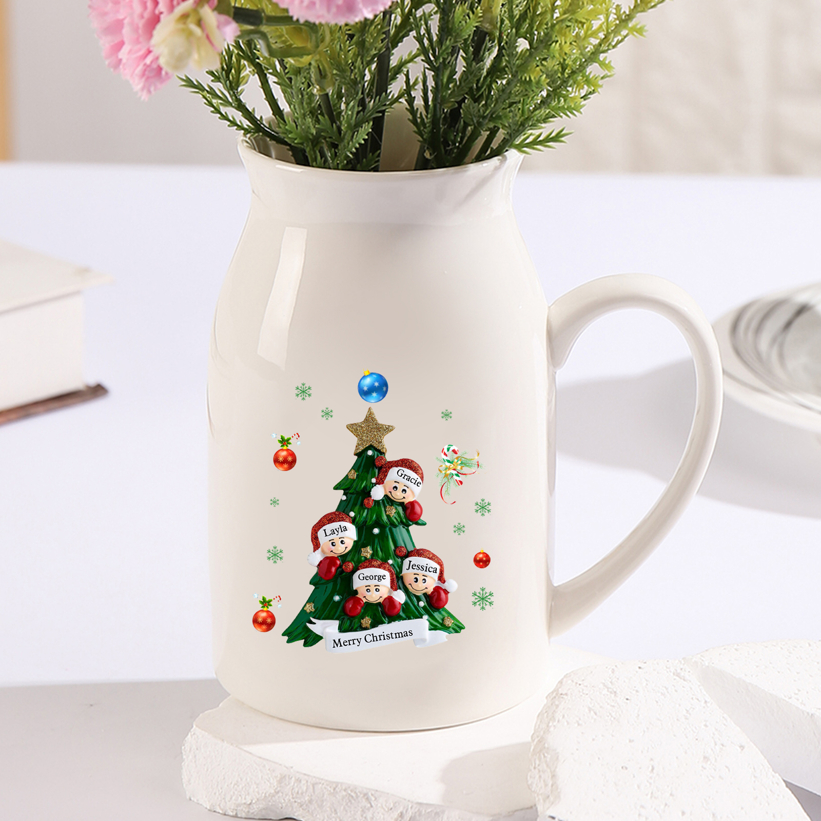 Personalisierte 2-6 Namen & Text Blumenvase mit Weihnachtsbaum-Motiv - Perfektes Weihnachtsgeschenk für Familie