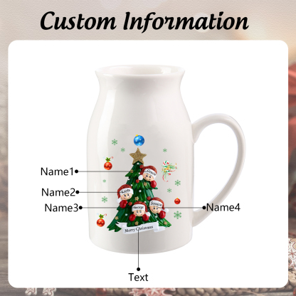 Personalisierte 2-6 Namen & Text Blumenvase mit Weihnachtsbaum-Motiv - Perfektes Weihnachtsgeschenk für Familie