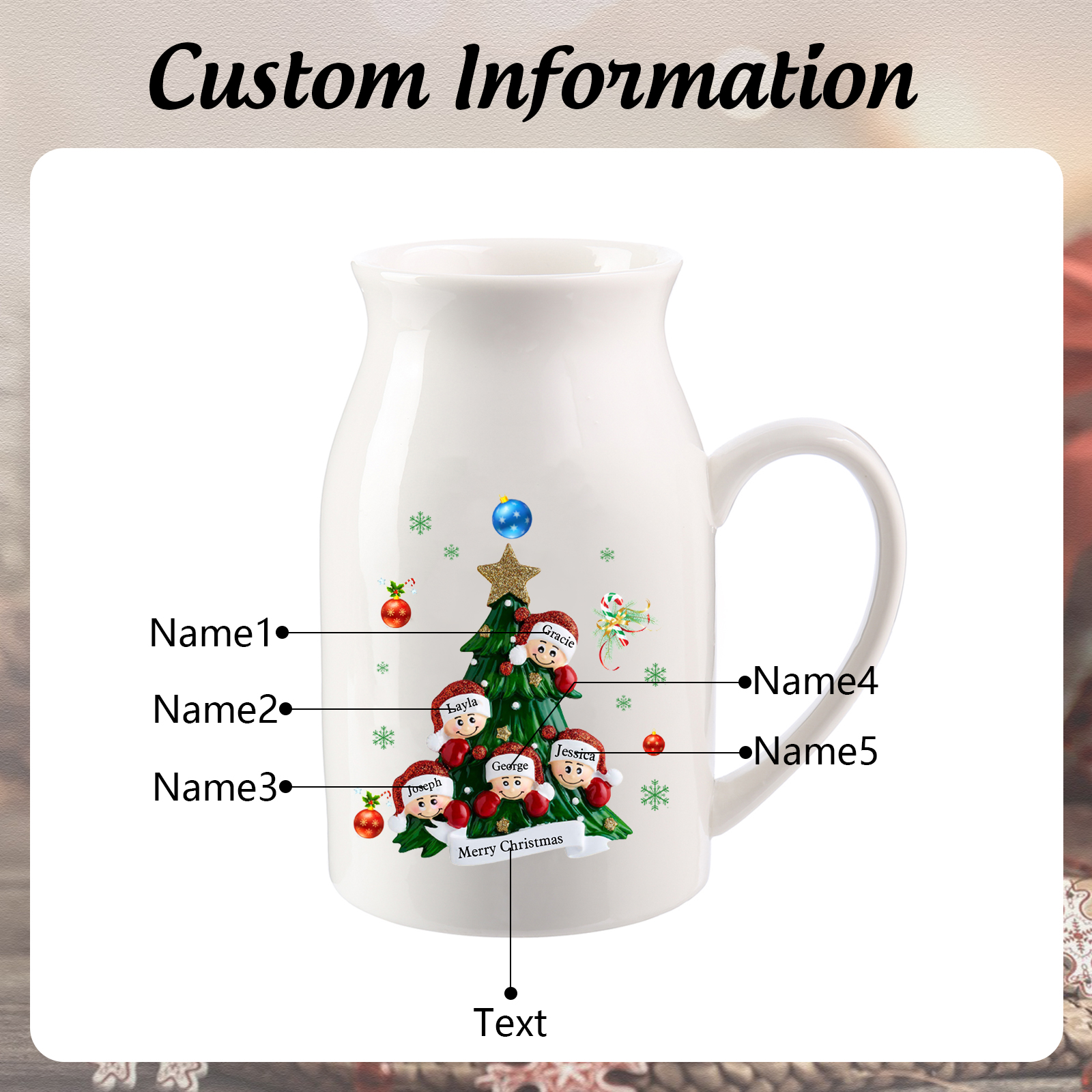 Personalisierte 2-6 Namen & Text Blumenvase mit Weihnachtsbaum-Motiv - Perfektes Weihnachtsgeschenk für Familie