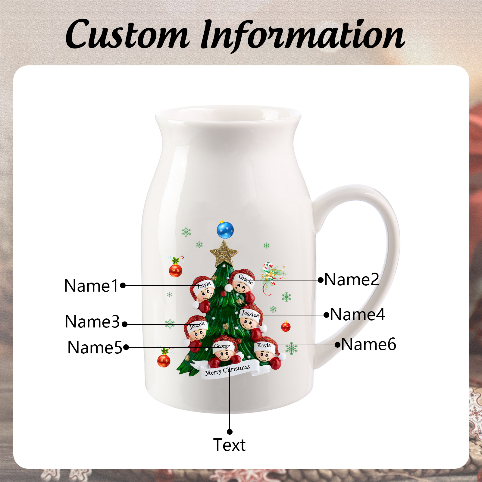 Personalisierte 2-6 Namen & Text Blumenvase mit Weihnachtsbaum-Motiv - Perfektes Weihnachtsgeschenk für Familie