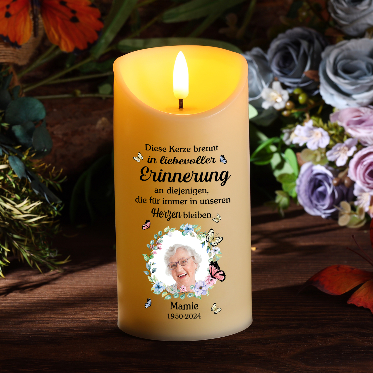 Personalisierbarer 1 Name & Foto & Datum LED-Gedenk-Kerze – Ewige Erinnerungen lebendig halten
