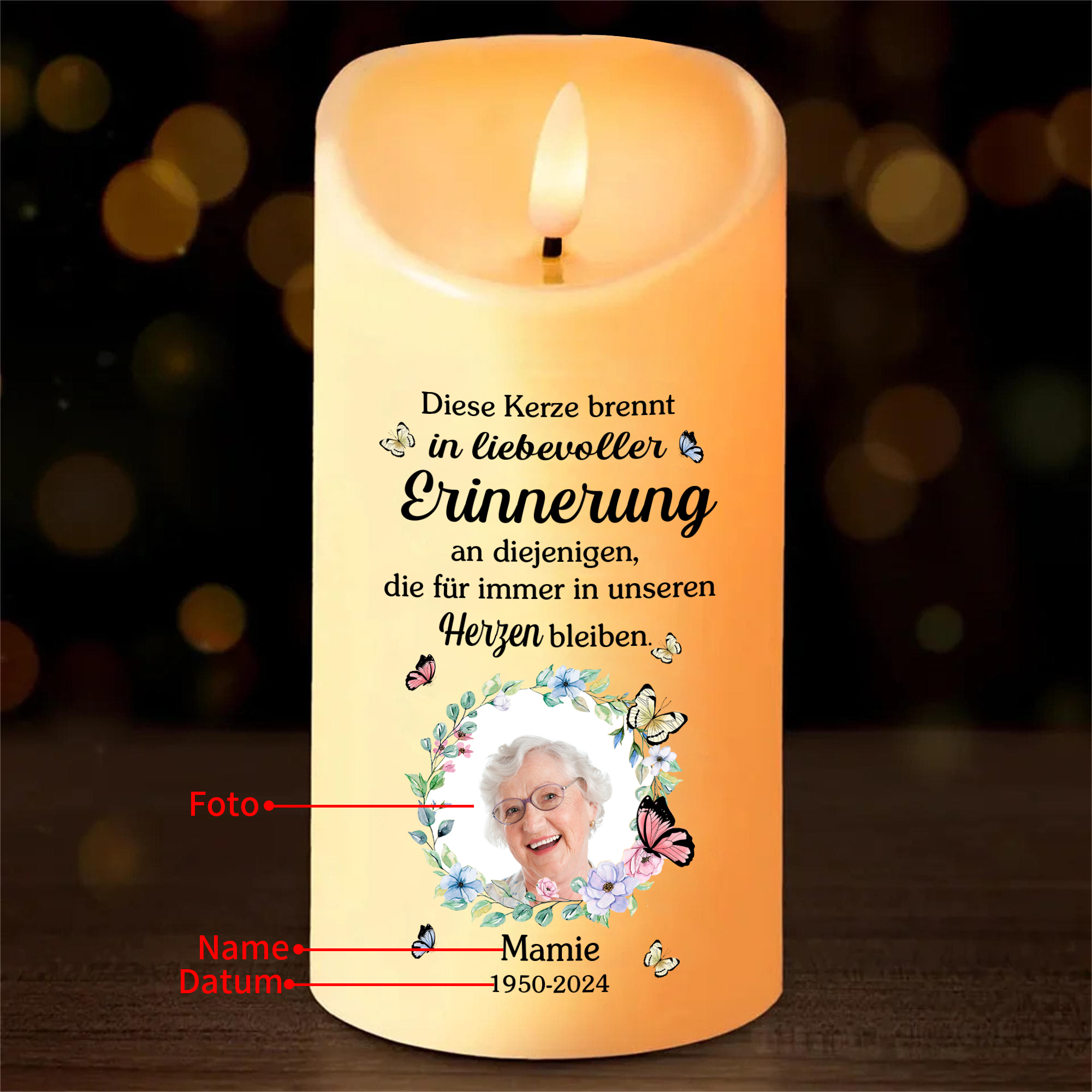 Personalisierbarer 1 Name & Foto & Datum LED-Gedenk-Kerze – Ewige Erinnerungen lebendig halten
