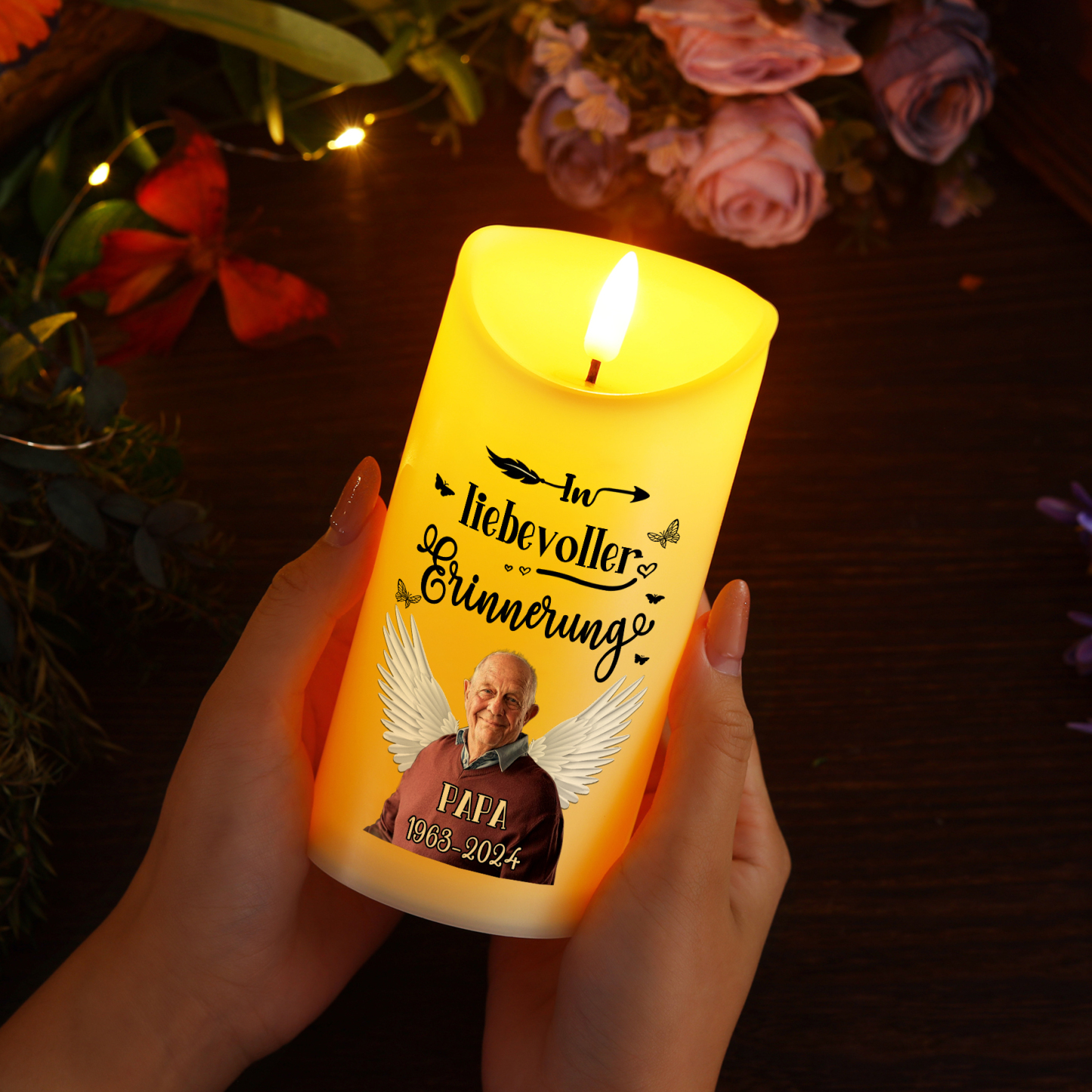 Personalisierbarer 1 Name & Foto & Datum LED-Gedenk-Kerze – In liebevoller Erinnerung Papa – Ein Licht für die Ewigkeit
