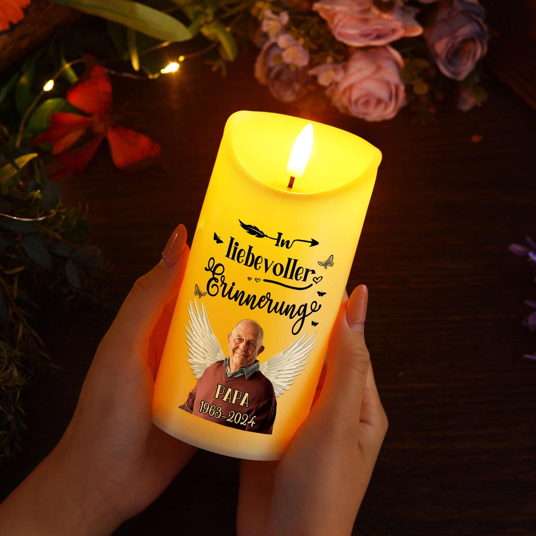 Personalisierbarer 1 Name & Foto & Datum LED-Gedenk-Kerze – In liebevoller Erinnerung Papa – Ein Licht für die Ewigkeit
