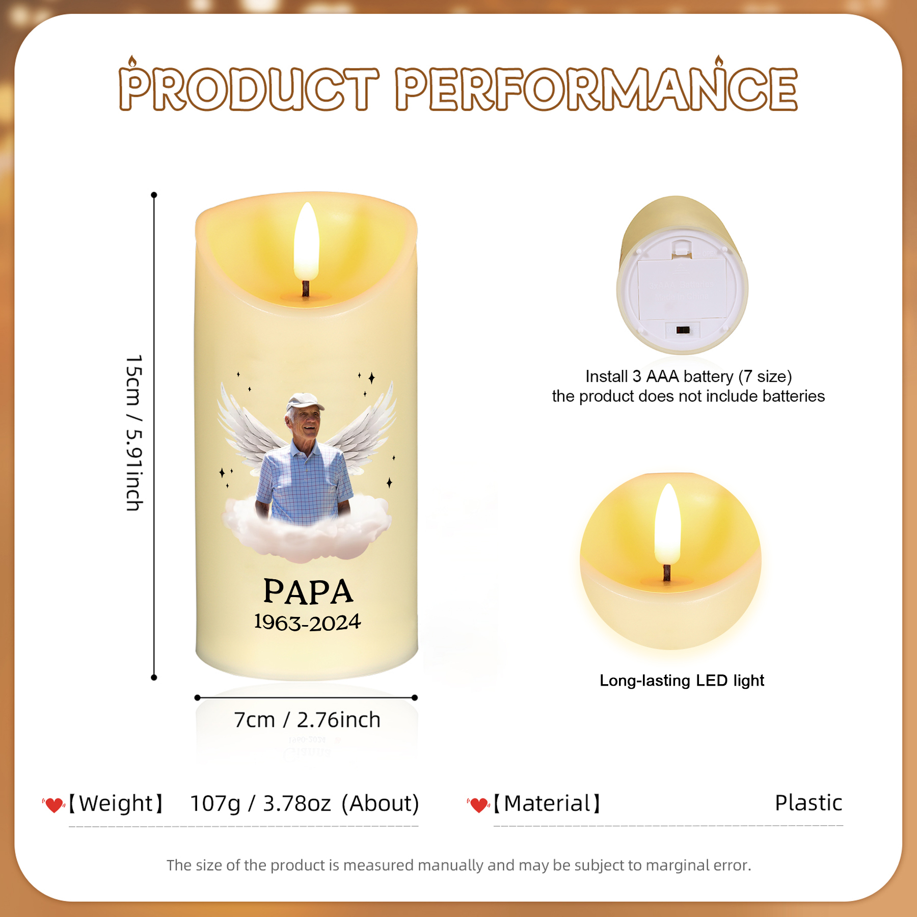 Personalisierbares Foto & Name & Datum Papa LED-Gedenk-Kerze – Dein Licht wird immer in meinem Herzen leuchten 