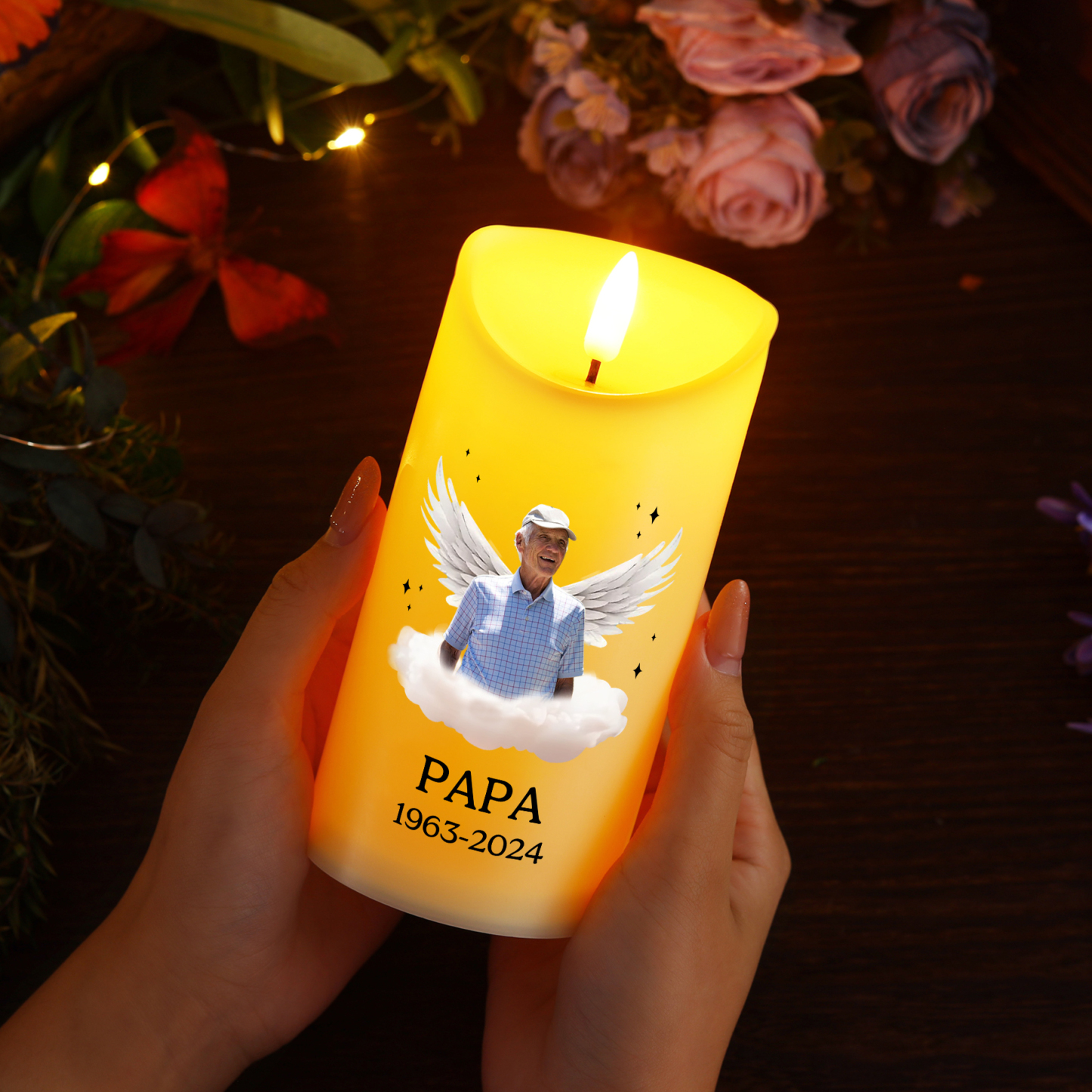 Personalisierbares Foto & Name & Datum Papa LED-Gedenk-Kerze – Dein Licht wird immer in meinem Herzen leuchten