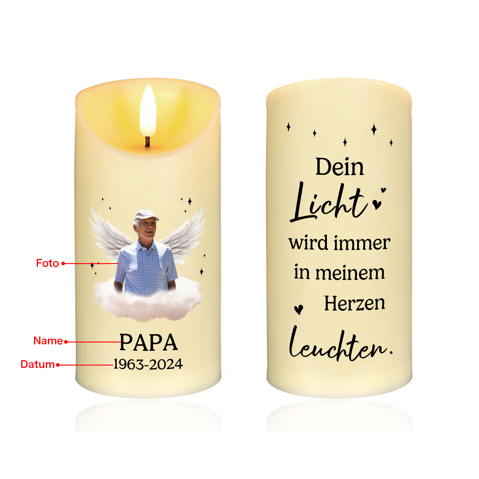 Personalisierbares Foto & Name & Datum Papa LED-Gedenk-Kerze – Dein Licht wird immer in meinem Herzen leuchten 