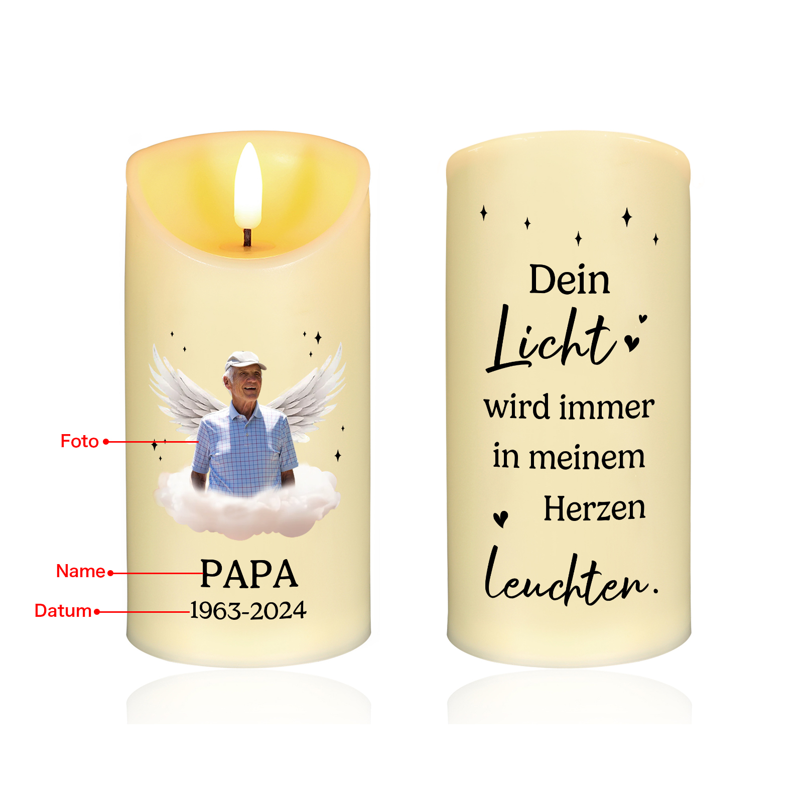 Personalisierbares Foto & Name & Datum Papa LED-Gedenk-Kerze – Dein Licht wird immer in meinem Herzen leuchten 
