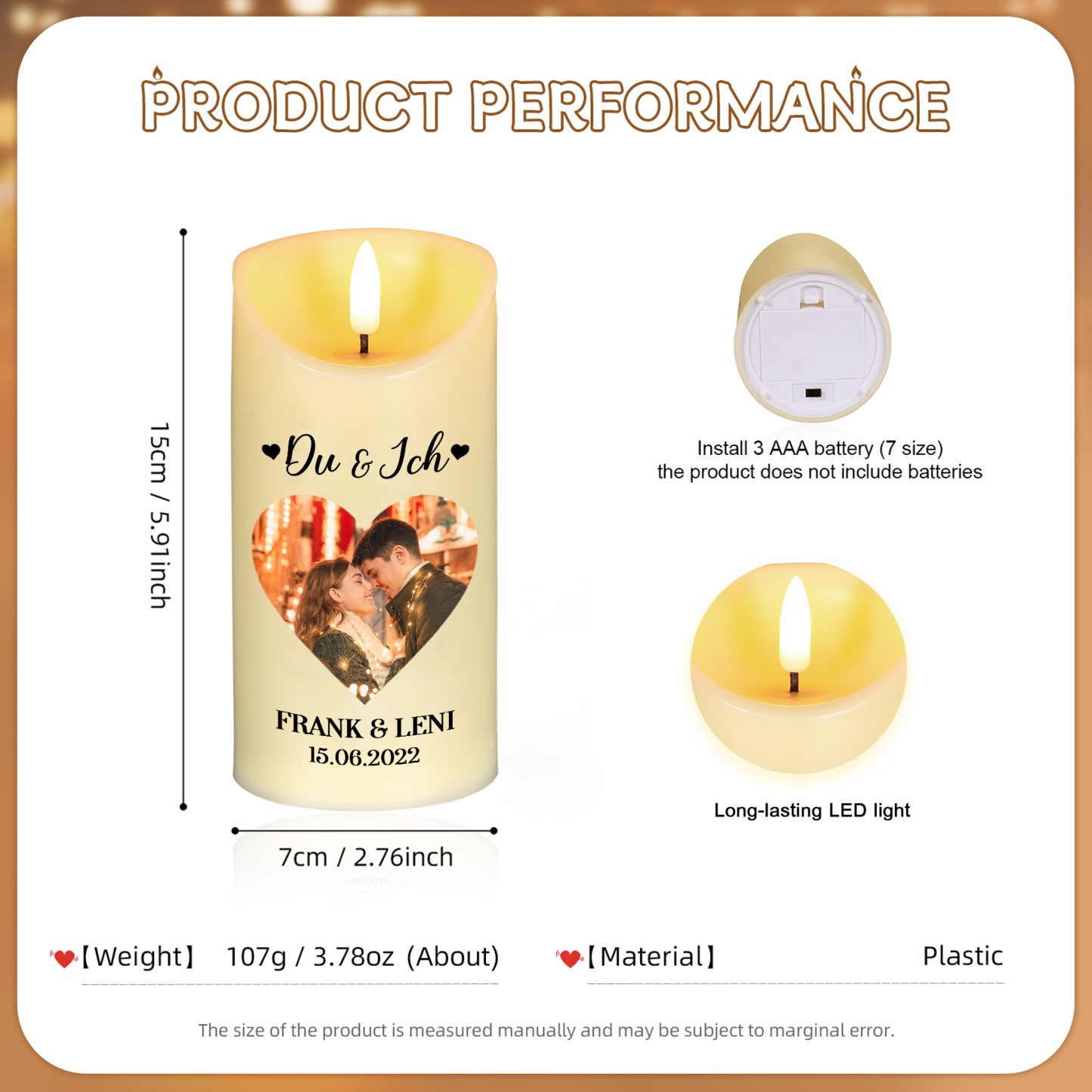Personalisierte 2 Namen & Foto & Datum LED-Kerze -Ich liebe dich für immer und ewig- Ein warmes Geschenk für Paar