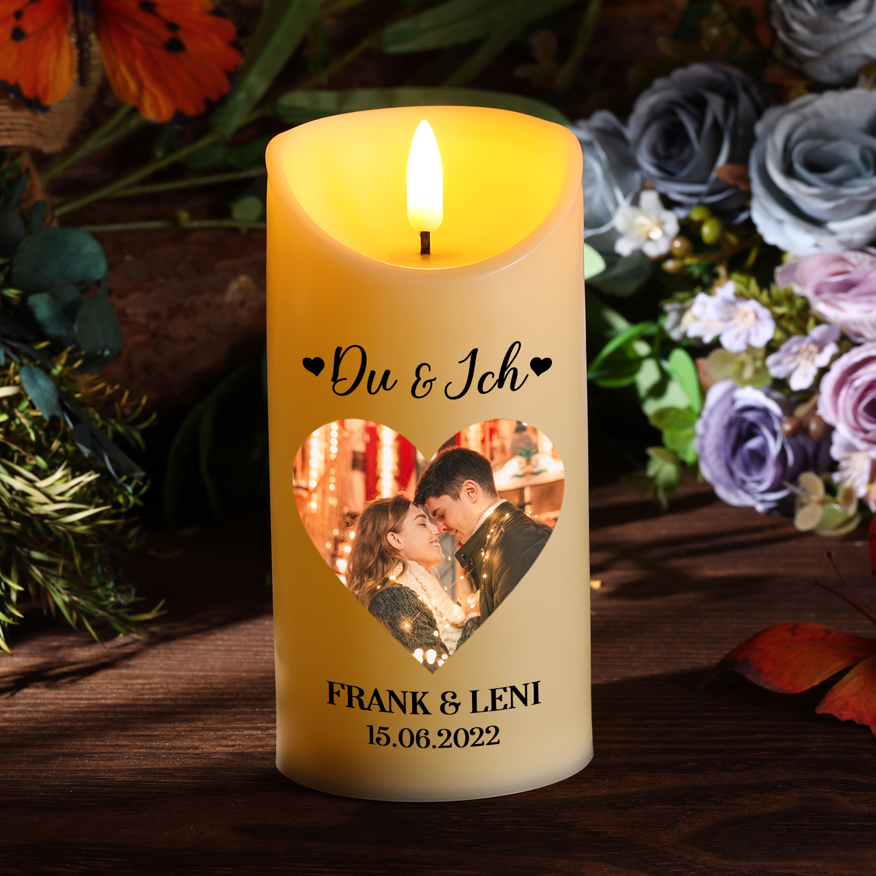 Personalisierte 2 Namen & Foto & Datum LED-Kerze -Ich liebe dich für immer und ewig-  Ein warmes Geschenk für Paar