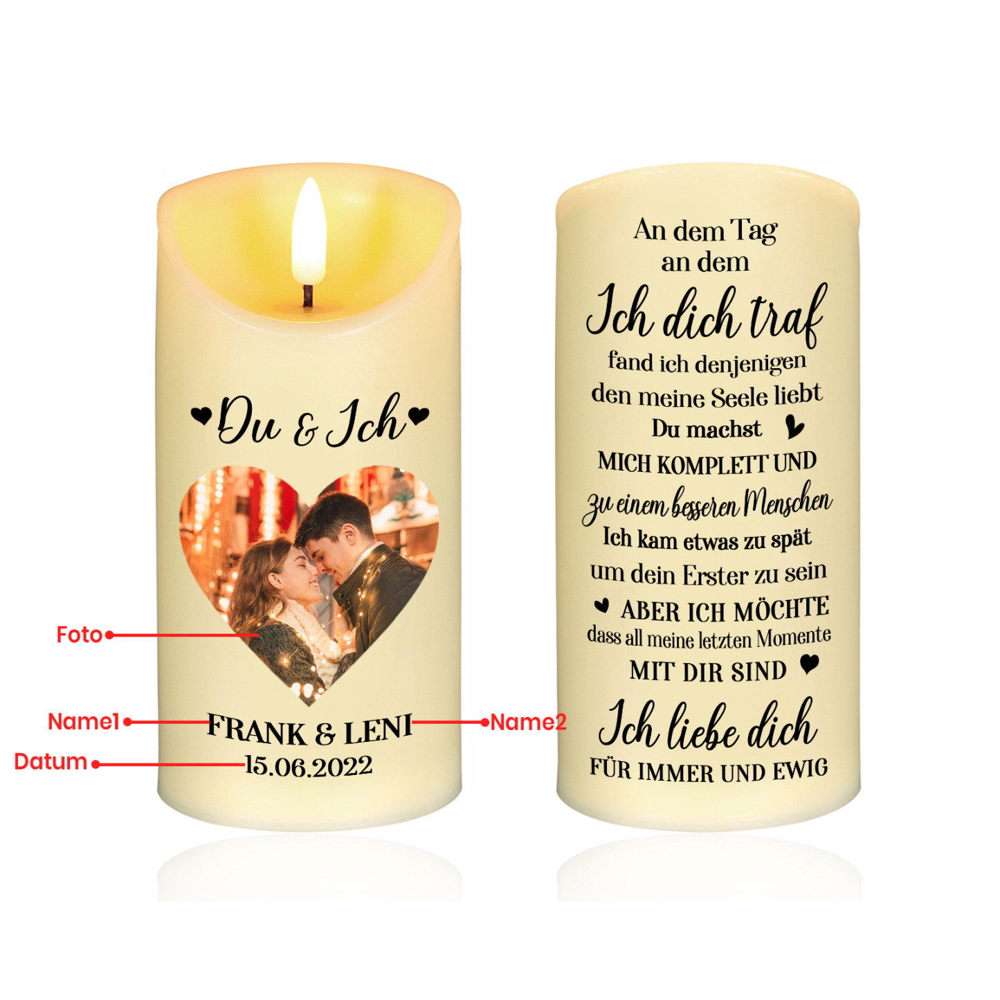 Personalisierte 2 Namen & Foto & Datum LED-Kerze -Ich liebe dich für immer und ewig- Ein warmes Geschenk für Paar