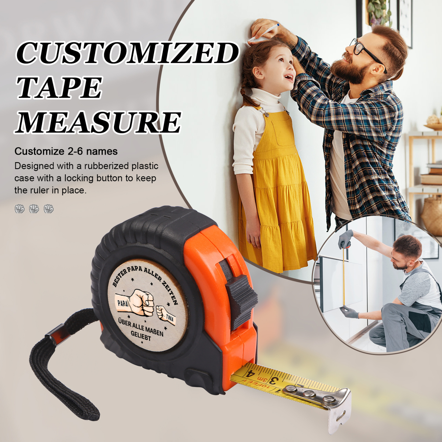 Personalisierbare 2-6 Namen Maßband mit Faust-Motiven in Orange/ Gelb – Bester Papa aller Zeiten – Praktisches Geschenk für Papa Vater