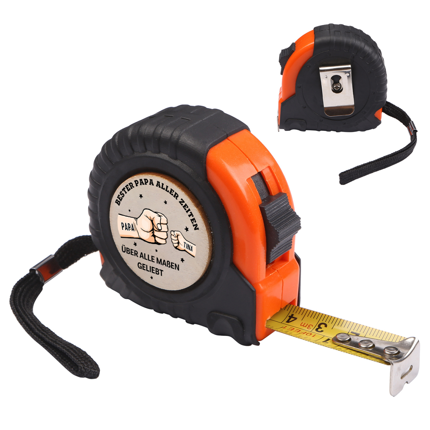 Personalisierbare 2-6 Namen Maßband mit Faust-Motiven in Orange/ Gelb – Bester Papa aller Zeiten – Praktisches Geschenk für Papa Vater