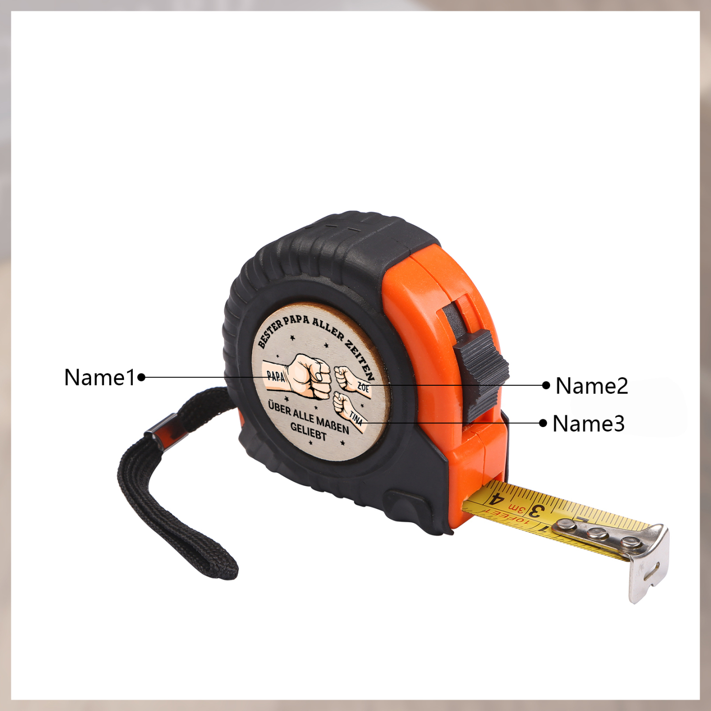 Personalisierbare 2-6 Namen Maßband mit Faust-Motiven in Orange/ Gelb – Bester Papa aller Zeiten – Praktisches Geschenk für Papa Vater