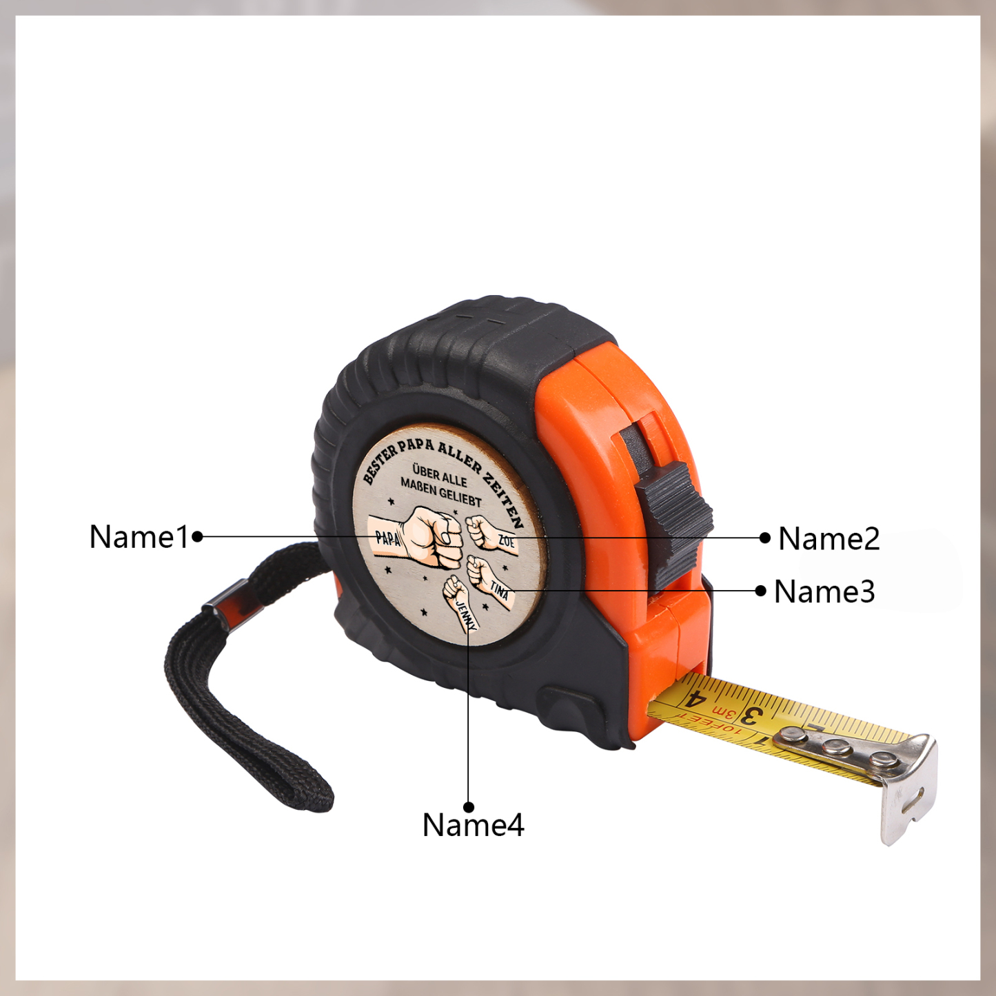 Personalisierbare 2-6 Namen Maßband mit Faust-Motiven in Orange/ Gelb – Bester Papa aller Zeiten – Praktisches Geschenk für Papa Vater