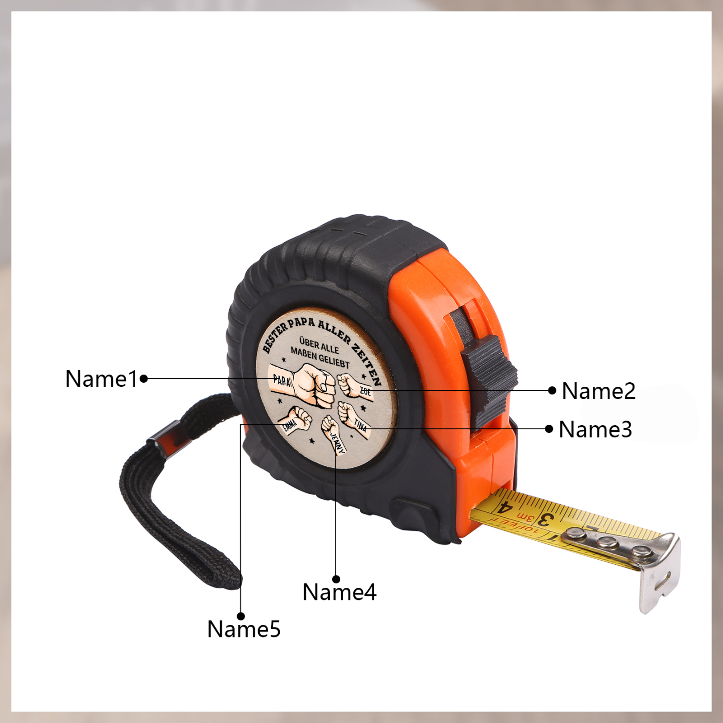 Personalisierbare 2-6 Namen Maßband mit Faust-Motiven in Orange/ Gelb – Bester Papa aller Zeiten – Praktisches Geschenk für Papa Vater