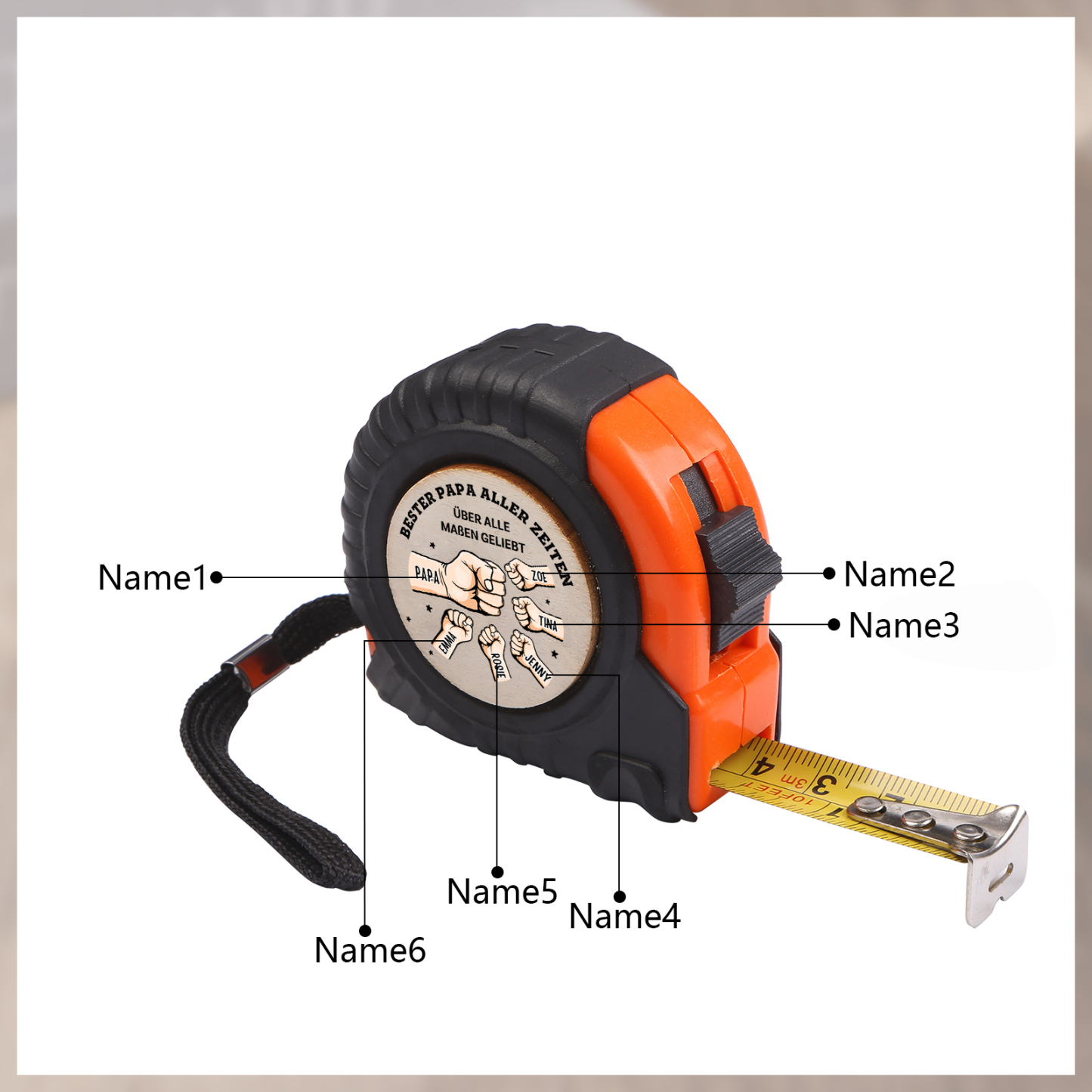 Personalisierbare 2-6 Namen Maßband mit Faust-Motiven in Orange/ Gelb – Bester Papa aller Zeiten – Praktisches Geschenk für Papa Vater