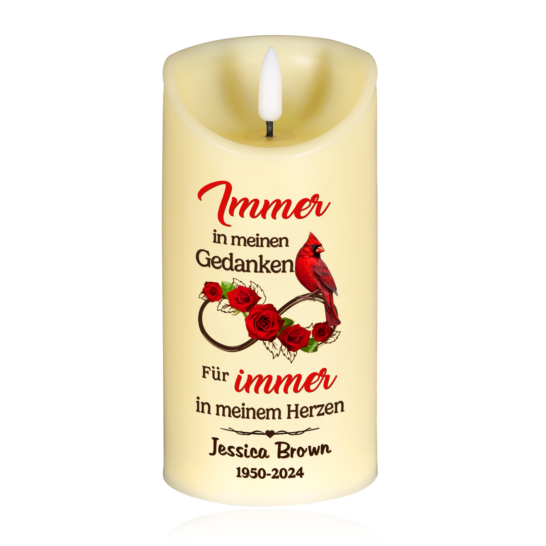 Personalisierbarer Name & Datum LED Gedenk-Kerze mit Rotkehlchen & Rosen – Für immer in meinem Herzen – Elektronische Gedenkkerze