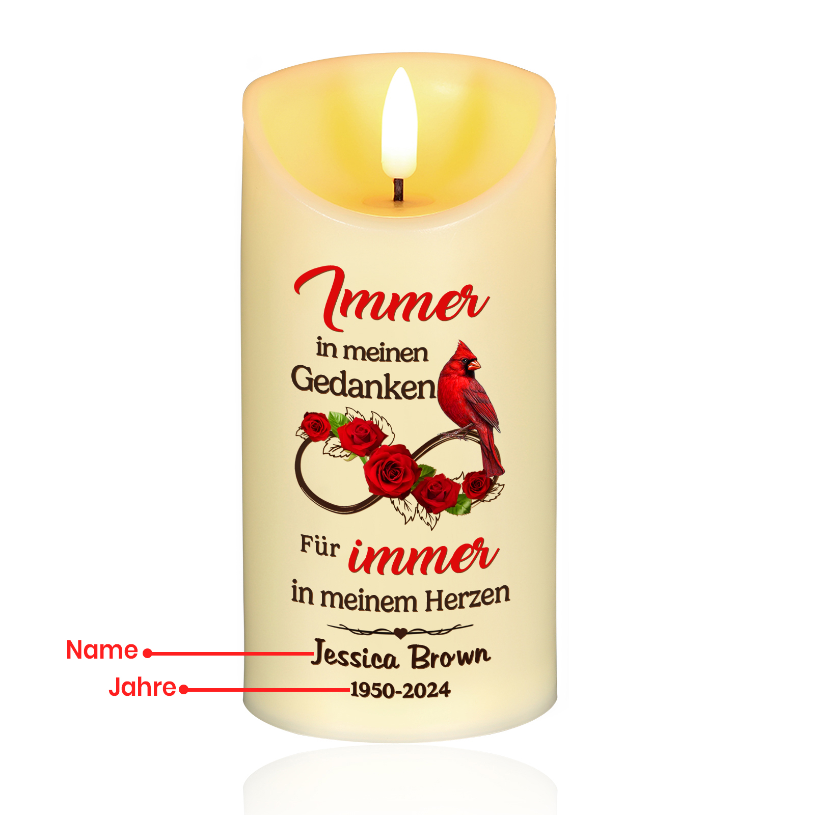 Personalisierbarer Name & Datum LED Gedenk-Kerze mit Rotkehlchen & Rosen – Für immer in meinem Herzen – Elektronische Gedenkkerze