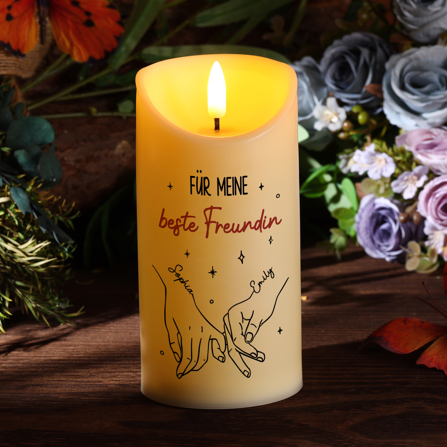 Personalisierbare 2 Namen Hand-in-Hand LED-Kerze – Unsere Freundschaft ist endlos – Elektronische Freundschafts-Kerze für Beste Freundin
