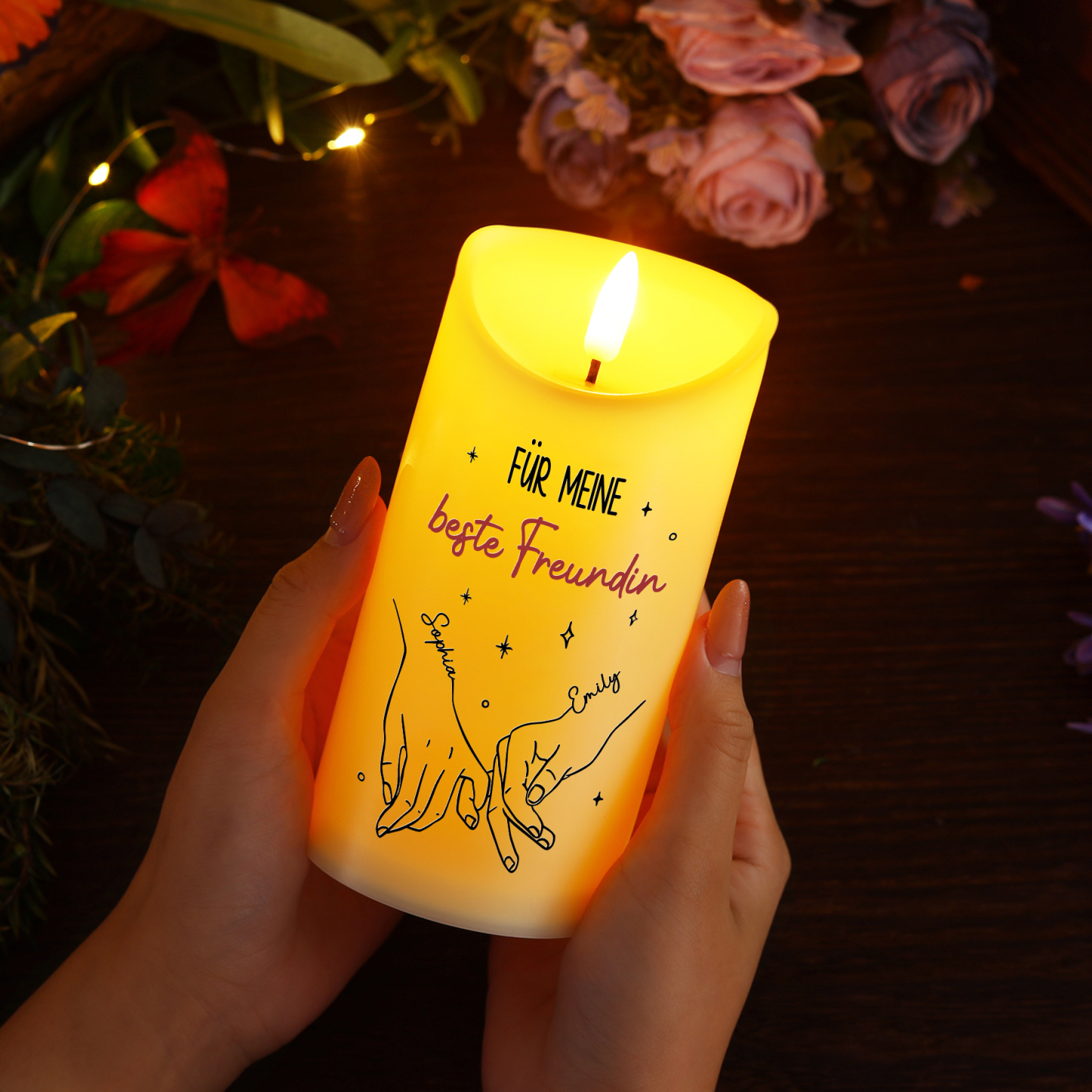 Personalisierbare 2 Namen Hand-in-Hand LED-Kerze – Unsere Freundschaft ist endlos – Elektronische Freundschafts-Kerze für Beste Freundin