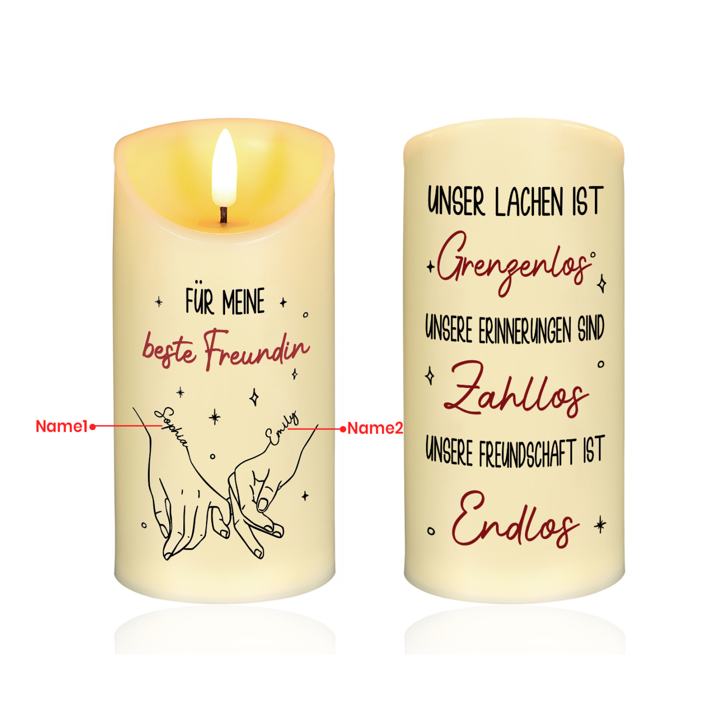 Personalisierbare 2 Namen Hand-in-Hand LED-Kerze – Unsere Freundschaft ist endlos – Elektronische Freundschafts-Kerze für Beste Freundin