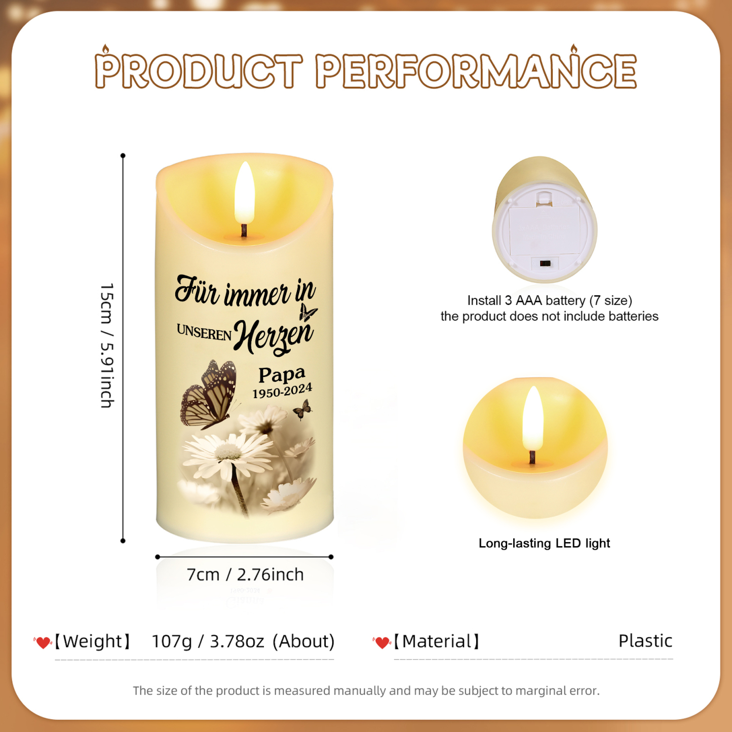 Personalisierbares Foto & Name & Datum LED Gedenk-Kerze mit Schmetterlings & Gänseblümchen – Ich werde da sein, egal ob Tag oder Nacht